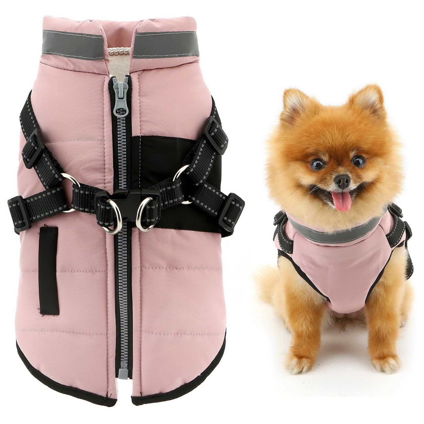 SMALLLEE_LUCKY_STORE Fleece Lined Pet Coat Sport Winter Jacket Vest with Harness D-ring for Small Dog Cat Reflective Zip-up Puppy Padded Chihuahua Yorkie Warm Clothes, Pink, M โ image 1