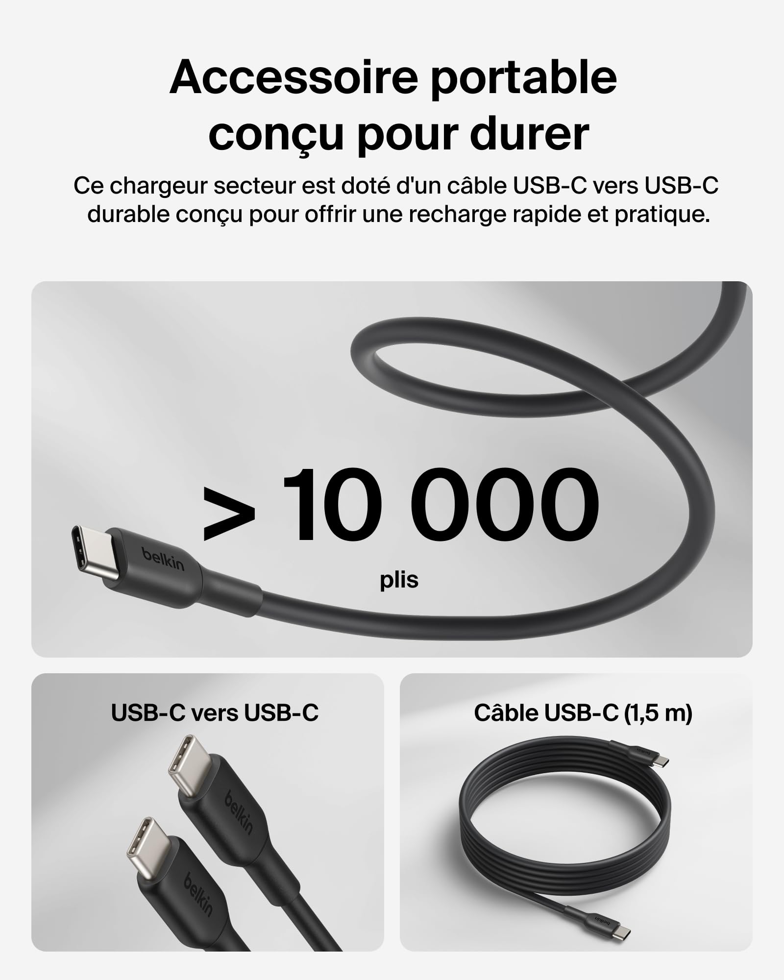 Belkin BoostCharge Chargeur Secteur GaN USB-C 100 W, Chargeur Compact Et Pliable, Recharge Rapide, pour iPhone 17, Samsung Galaxy S26, Pixel 10, Tablette, MacBook, Câble USB-C 1,5 m Fourni - Noir