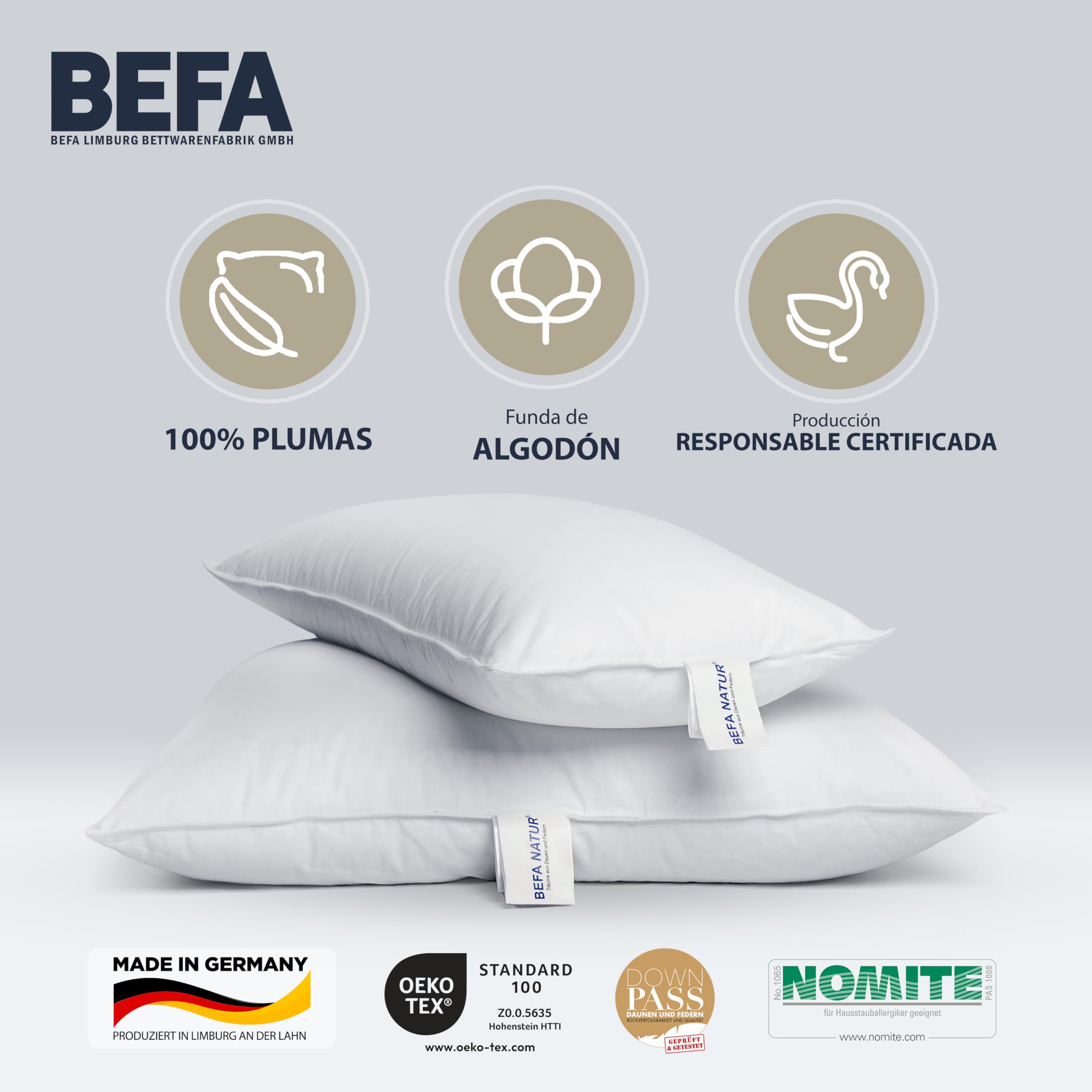 BEFA NATUR Almohada de Plumas 80x80 cm – Algodón – Fabricado en Alemania | 1125g peso de relleno • Funda de algodón transpirable • NOMITE • DOWNPASS • lavable 60 °C • OEKO-TEX • Fabricado en Alemania