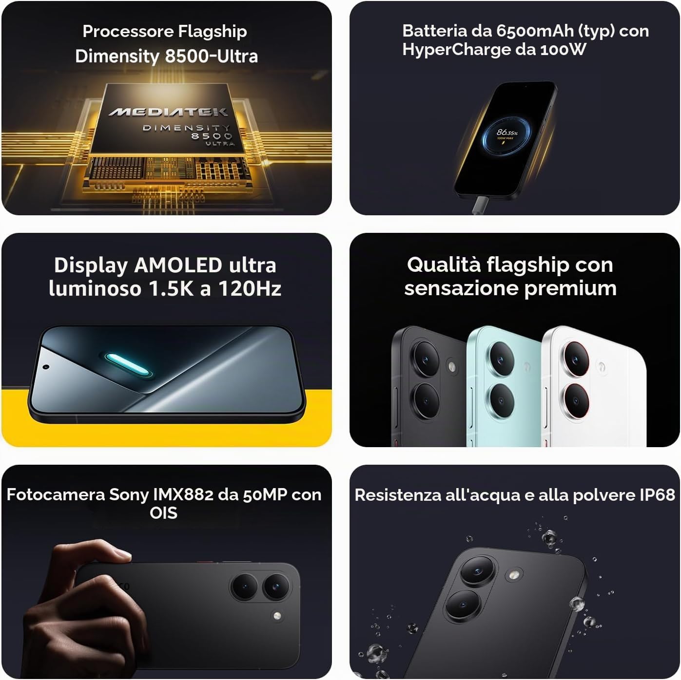XIAOMI Poco X8 Pro Smartphone, 8 GB + 512 GB, processore Dimensity 8500-Ultra, batteria da 6500 mAh, schermo AMOLED ultra luminoso, fotocamera principale Sony IMX882 da 50 MP con OIS, nero