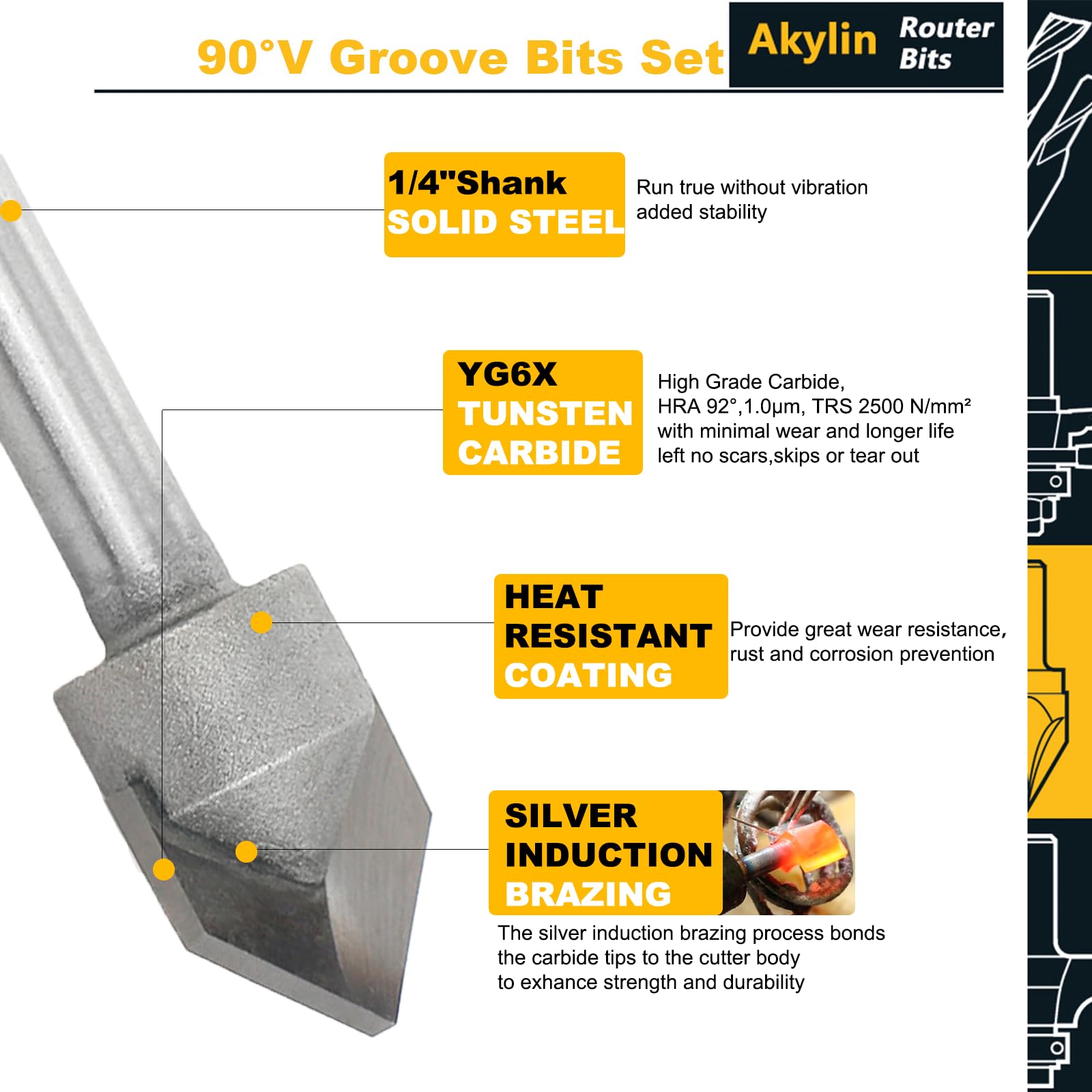 4pcs 90 Degree V Groove Router Bit Set, 1/4" Shank, Carbide Tips, V Grooving Cutters for Wood Carving Engraving & Signmaking - Image 3