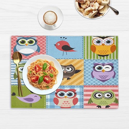 Miniatura 6 de Juego de 4 manteles individuales con temática de búhos, lavables, impermeables, para fiestas, hogar, comedor, decoración de mesa de 18 x 12 pulgadas