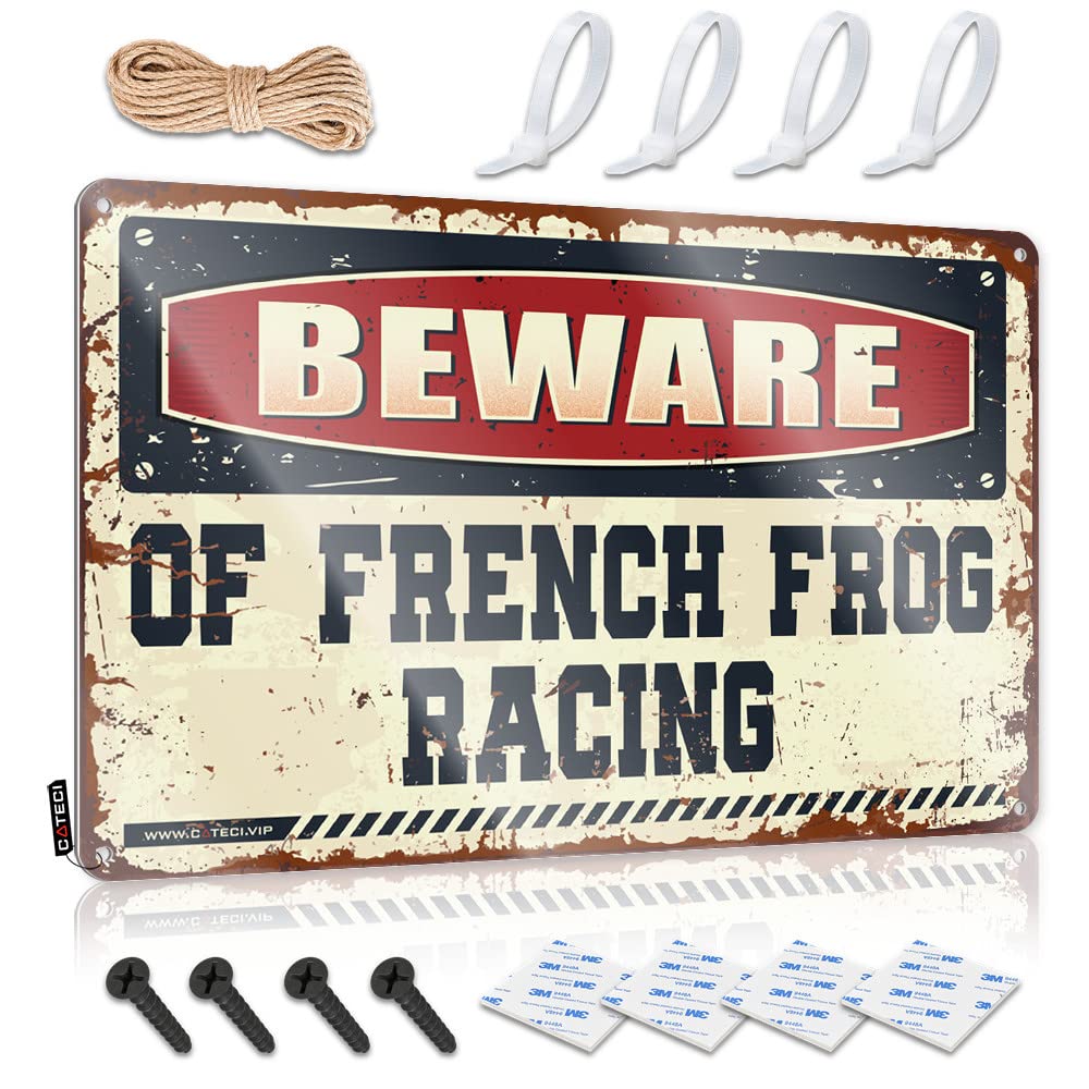 IBWNBBUSN Funny Garage Tin Sign Beware Of French Frog Racing Tin Sign Funny Wall Decor Signs Things For Boys Room(20X30CM)