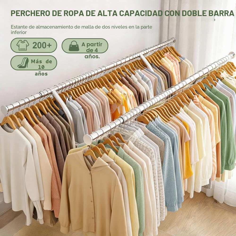 Perchero Extensible con Ruedas y 2 Estantes Metálicos | Ancho ajustable de 130 a 190 cm, Altura de 152 a 178 cm, Profundidad de 55 cm, 4 Ruedas Industriales con Freno, Plateado