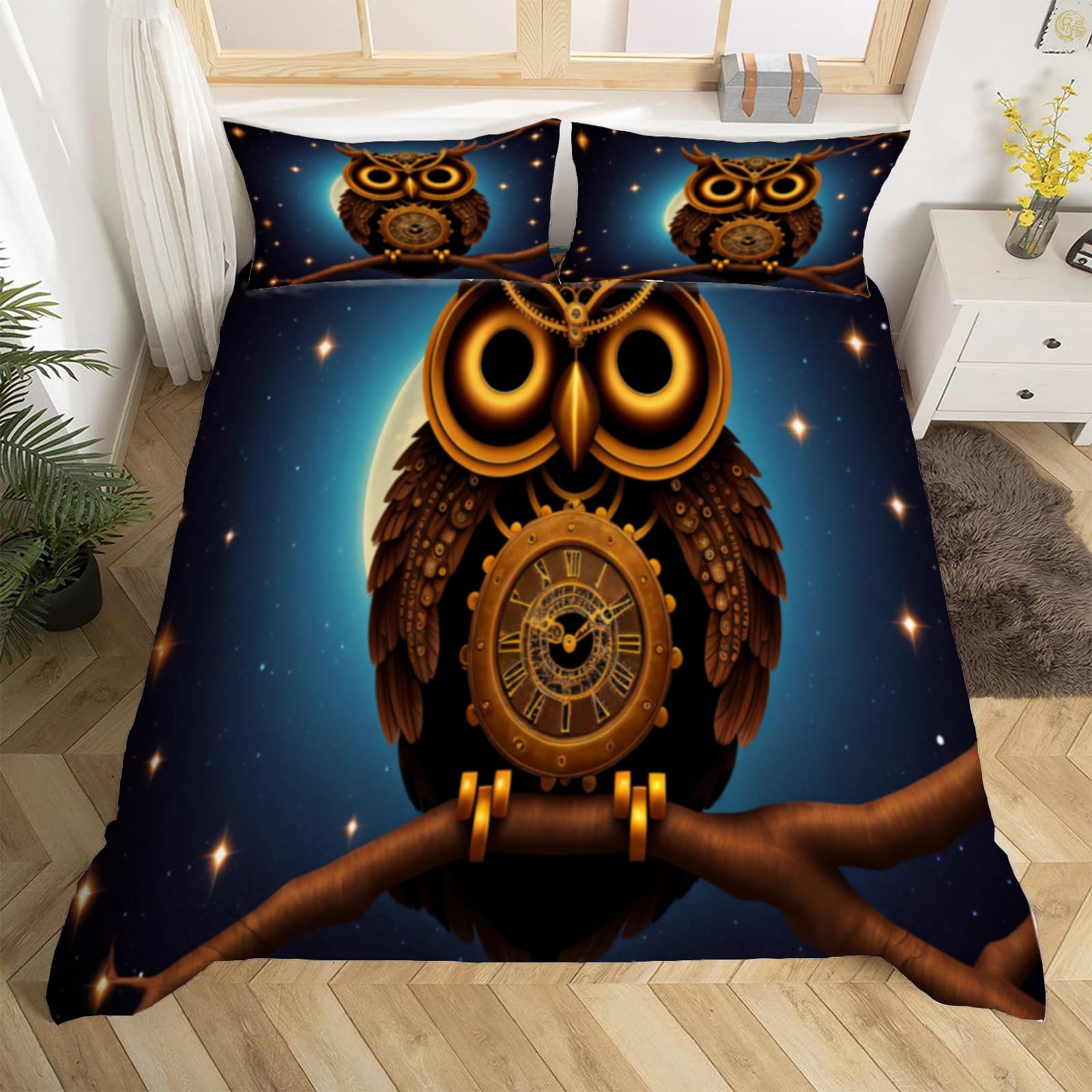 3D Owl King Size Duvet Cover Sets Steampunk Style Soft Microfiber Bedding Set with Zipper Closure, Quilt Cover 220x230cm with 2 Pillowcases 50x75 cm