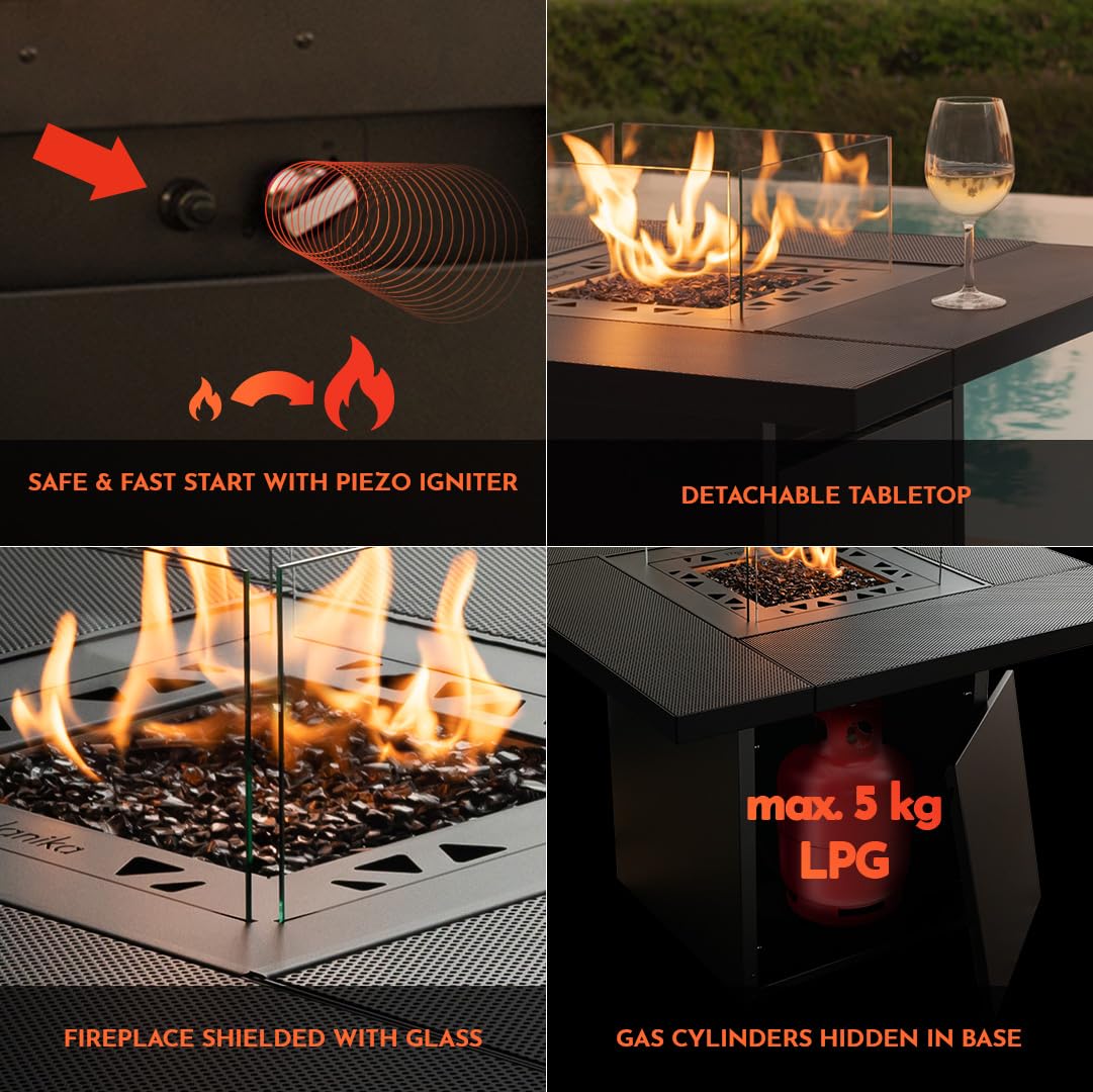 Planika Square Table - Tavolo da Fuoco a Gas - Caminetto da Esterno a Gas e Tavolo da Giardino in Uno - Scomparto Interno per Bombola del Gas - Resistente alle Intemperie - Copertura