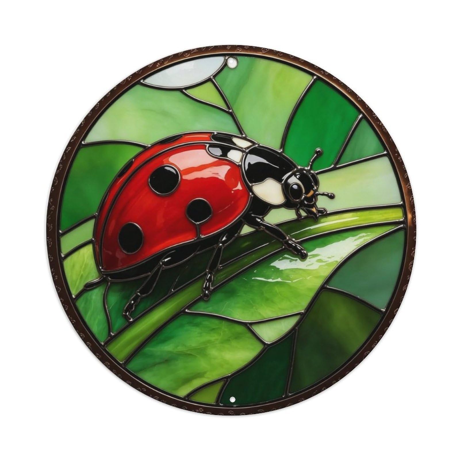 Ladybug on Green Leaf Stained Glass Metal Tin Sign Plaque