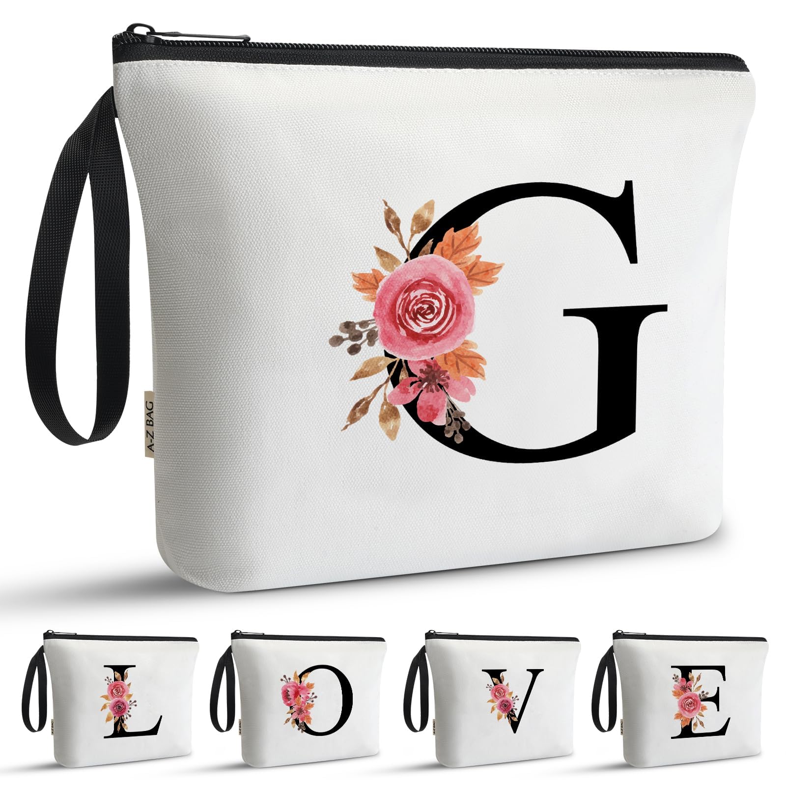 A-Z BAG Personalised Initial Makeup Bag with Floral Letter,Gifts for Women,Mum,Friend,Sister,Teenage Girls,Bridesmaid,Cosmetic Wash Bag & Toiletry Pouch,G