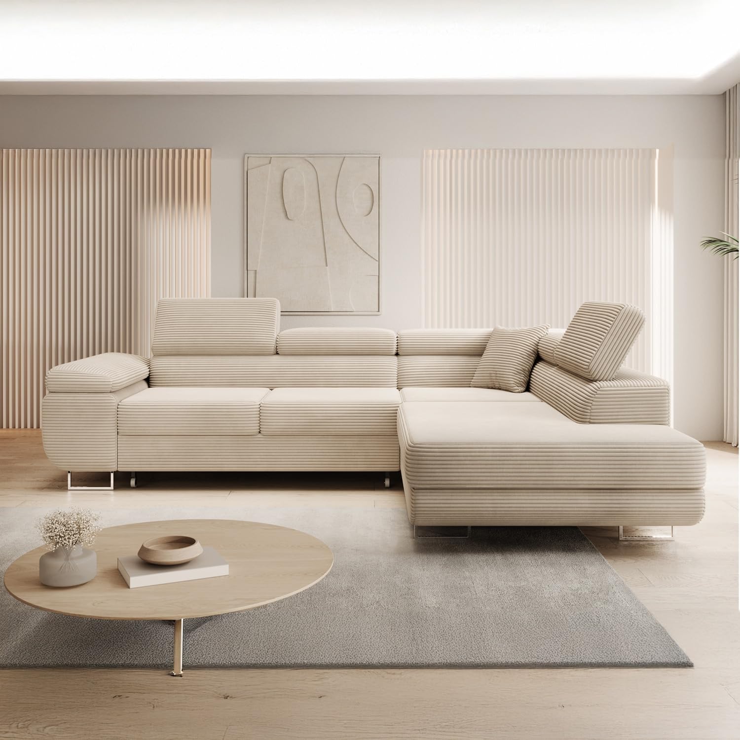 INTENSE DECO Canapé d'angle Droit Convertible Marius Velours côtelé Beige