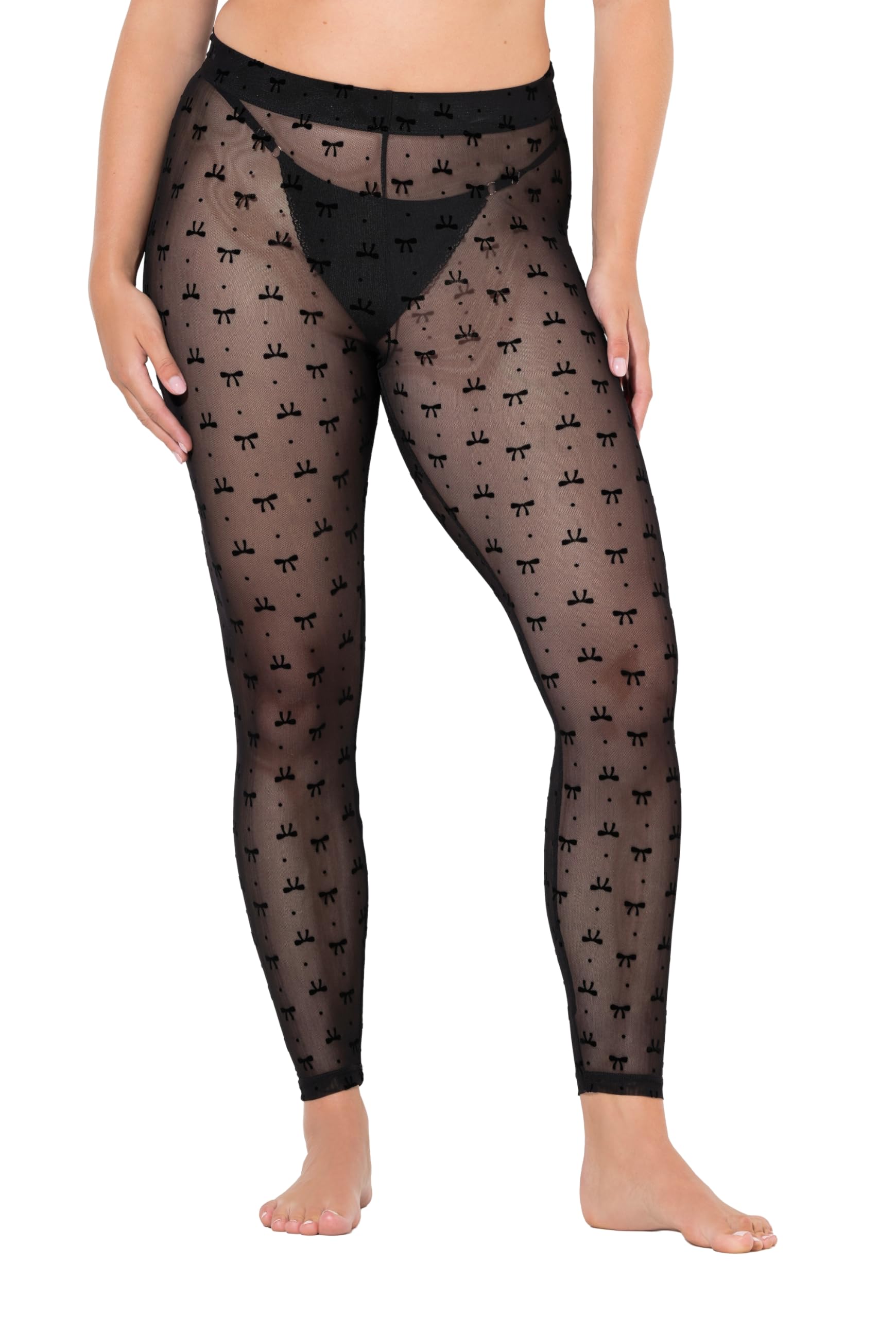 Ulla Popken Damen große Größen Übergrößen Plus Size Strumpf-Leggings, Mesh, Schleifen, Stretchkomfort 844970