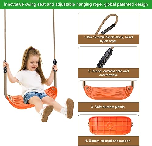 Miniatura 6 de BeneLabel Juego de 2 columpios color naranja con cuerda de longitud ajustable de 50 a 80 pulgadas, asientos de 220 libras de capacidad, columpios