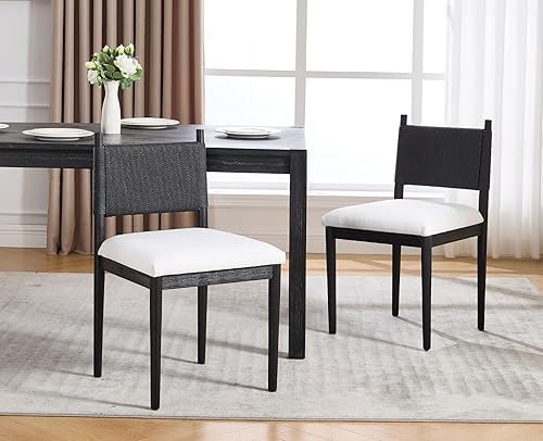 Vista 3 de EALSON Juego de 2 sillas de comedor modernas de mediados de siglo, sillas de comedor de madera negra con respaldo tejido, cómodas sillas de cocina