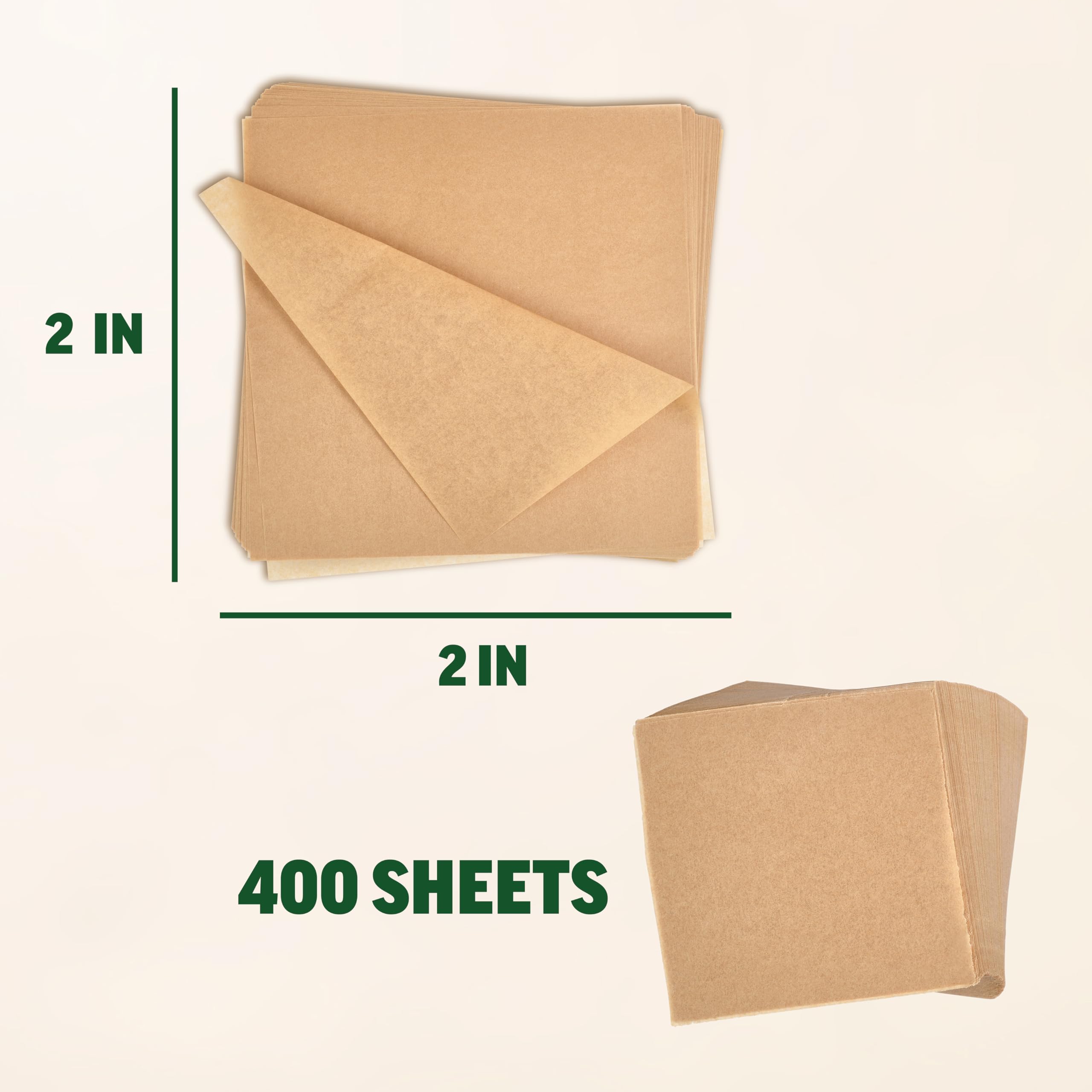 Zenlogy Cuadrados de papel pergamino 2x2, 400 hojas, sin blanquear, precortados | Antiadherente, seguro para el calor de 232.2 °C, pintura de diamantes, congelación y almacenamiento, certificado Kosher