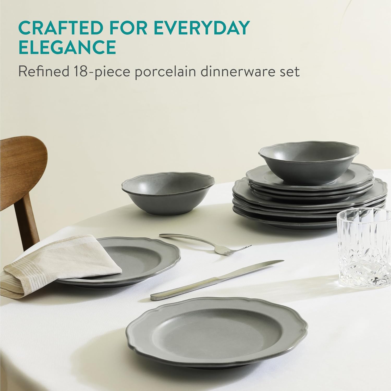 Navaris Scandi Style Porcelain Dinnerware Set - Ceramic Crockery Sets for 6 - Stackable Dishes with Dinner and Salad Plates Cereal Bowls - Dishwasher & Microwave Safe - 18pcs Grey - Image 2