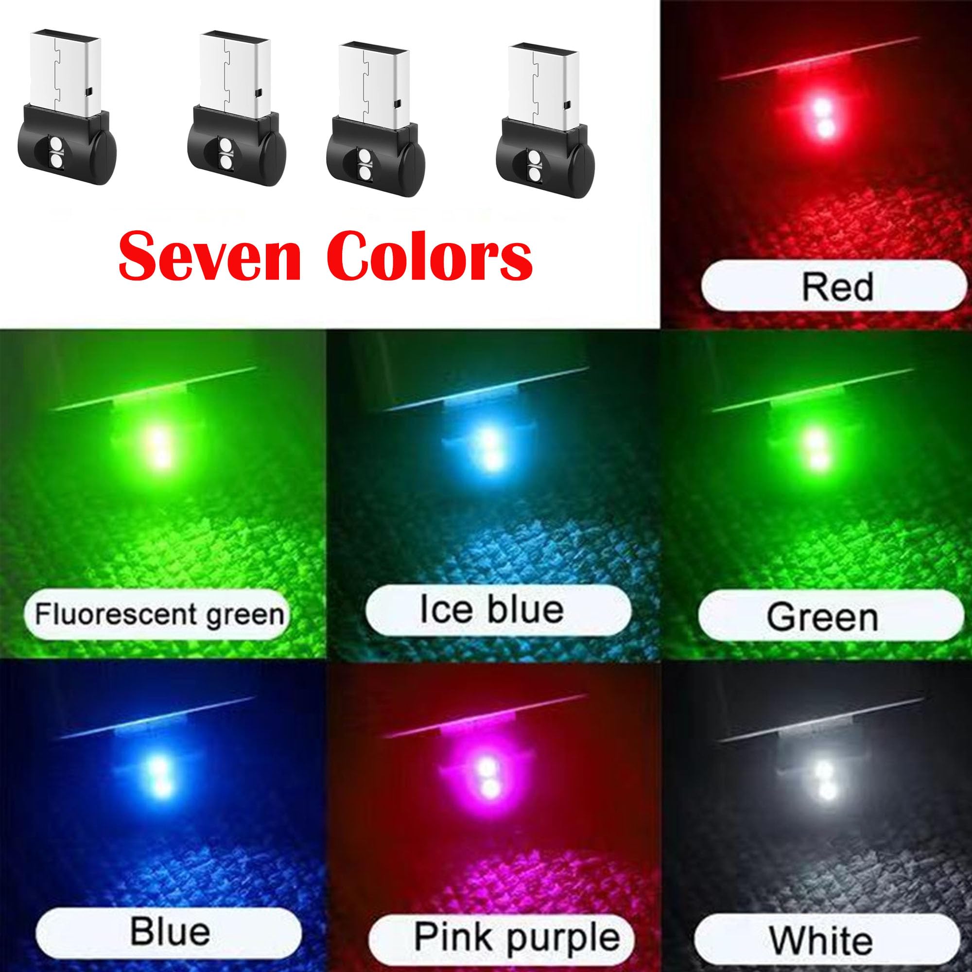 LEZED Mini USB LED Licht Auto Sfeer 4 Stuks USB Verlichting Sfeer 7 Kleuren Verstelbare Auto Omgeving Atmosfeer Lichten USB Auto Interieur Lamp RGB Auto Sfeer Licht voor Outdoor, Laptops