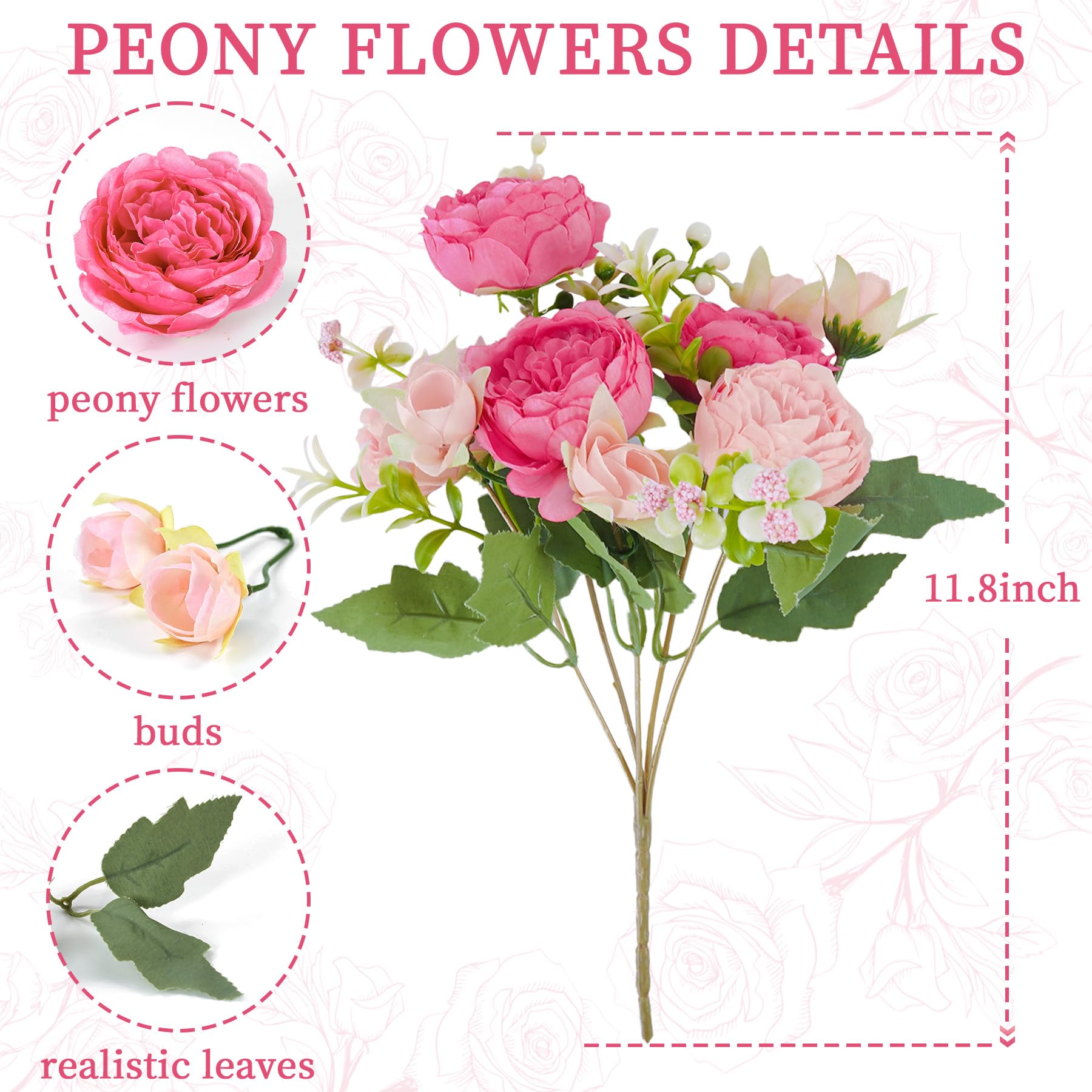 9 Peonie Artificiali Bianche, Realistiche Al Tatto, Per Centrotavola E Decorazioni, Set Da 30 Cm