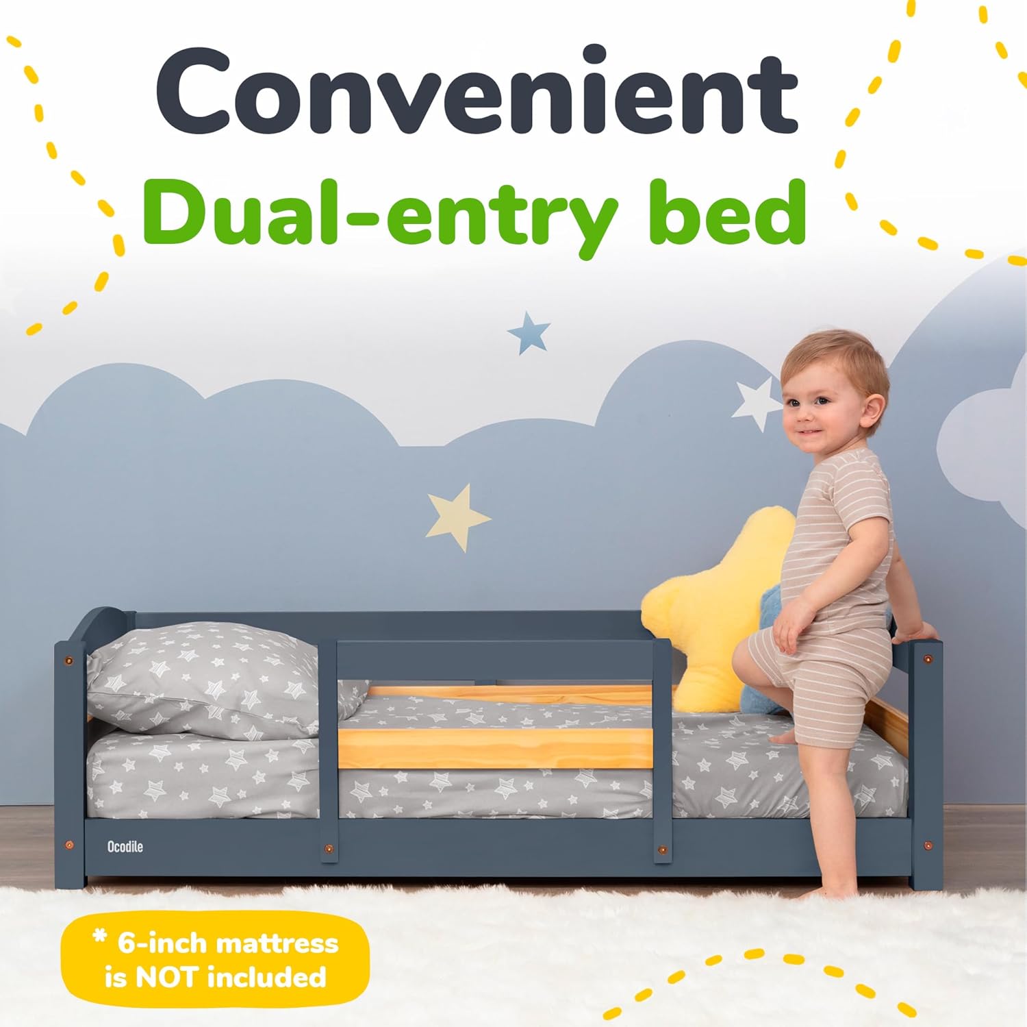 Ocodile Toddler Bed with Rails | Low Montessori Floor Bed Frame for Kids | Standard Crib Size Wooden Frame for Independent Toddlers 1-3 - Gray