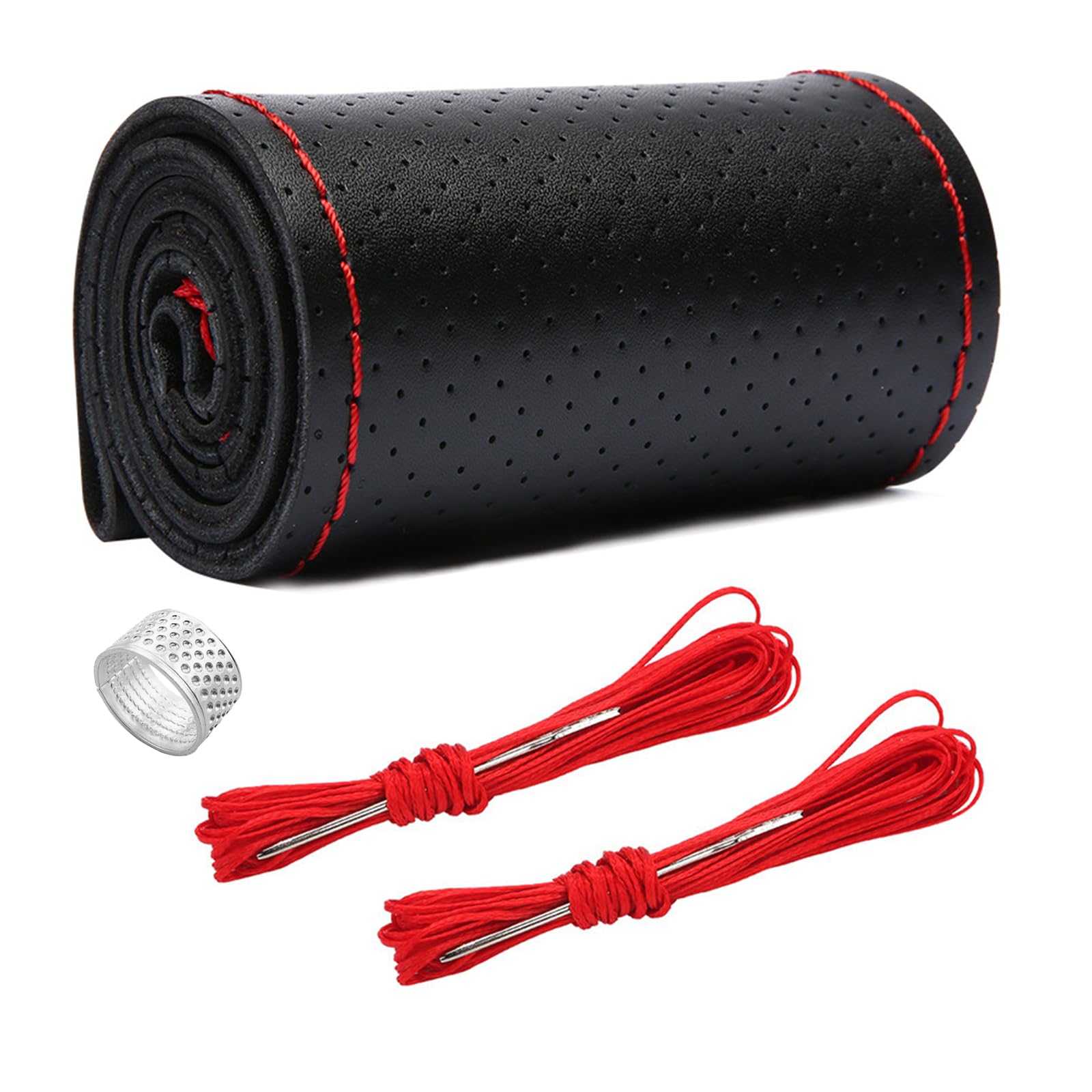 Ziciner Genuine Leather Steering Wheel Cover, Stitch on Wrap, Breathable Anti-Slip Car Steering Wheel Protector for Max Diameter 15 Inch, DIY Sewing with Needle Thread (Black/Red Line, Hole)