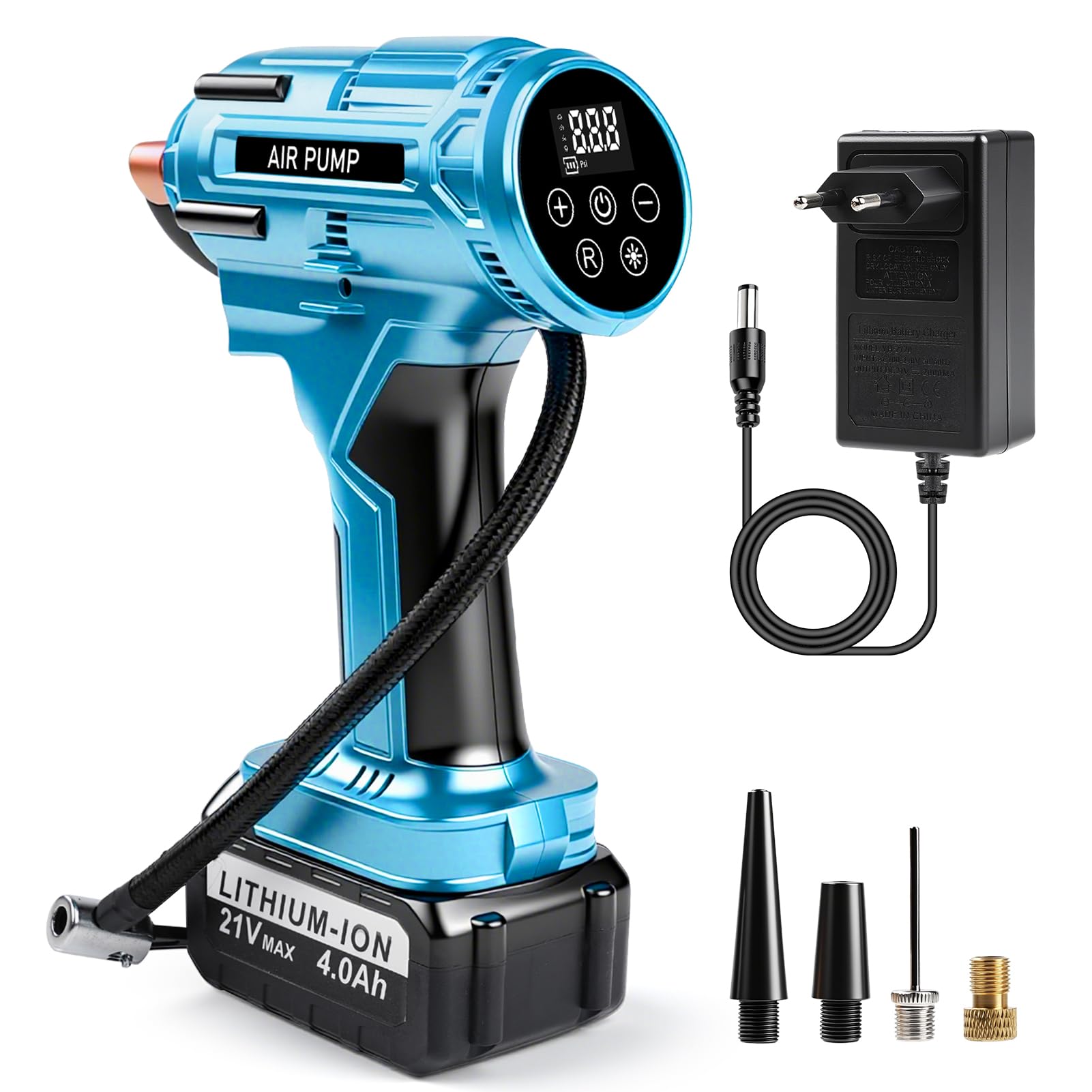 Akumulatorowa pompa powietrza 21 V, 150 psi, bezprzewodowa sprężarka powietrza do samochodu, z akumulatorem litowo-jonowym 4,0 Ah, elektryczna pompka powietrza do samochodu, motocykla, roweru