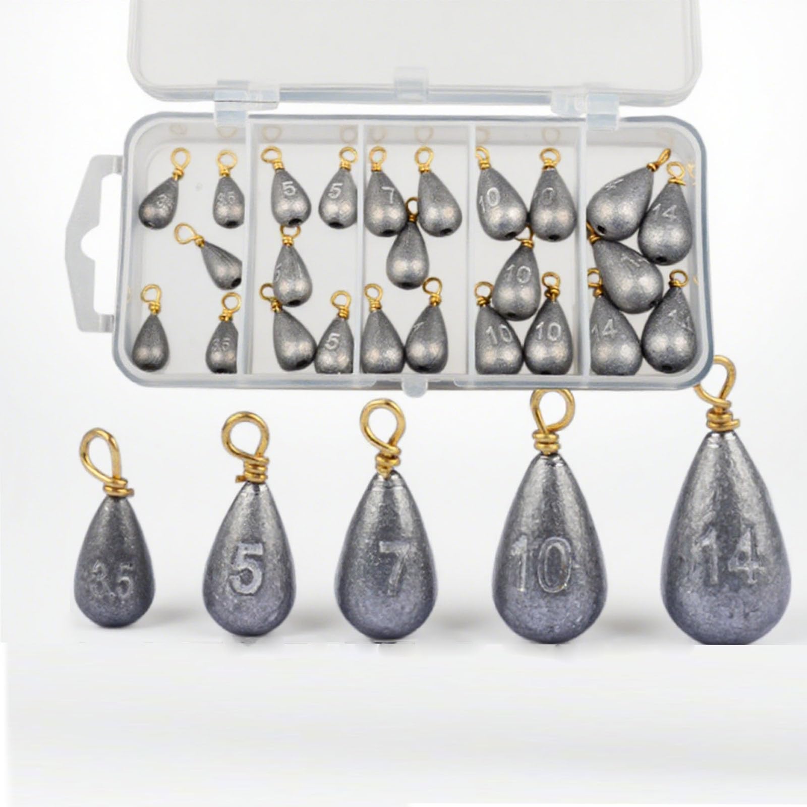 25Pcs Fishing Weights, Mixed 5 Sizes Deep Sea Fishing Weights 3.5g 5g 7g 10g 14g Iron Fishing Sinkers Tackle Kit with Swivel for River Saltwater Freshwater