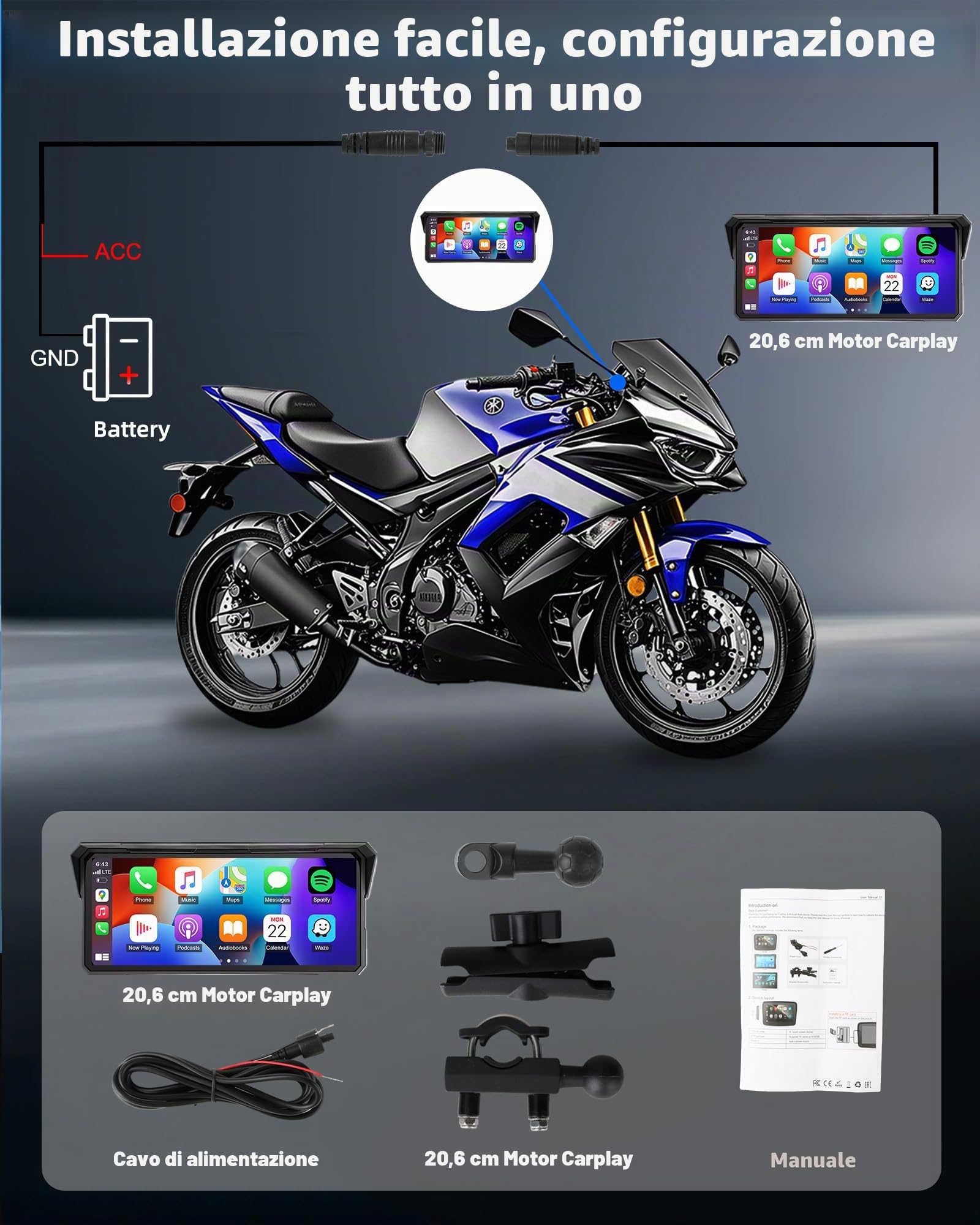 8,1 Pollici Schermo Carplay Moto Android Auto Moto GPS Navigatore | Touchscreen Impermeabile IP67 Audio Bluetooth, Siri e Assistente GOogle, Compatibile con tutte le motociclette