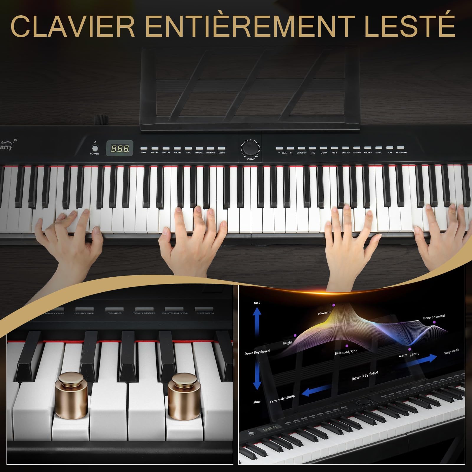 LEADZM Piano Numérique Semi-Marteau 88 Touches, avec Support en Forme de X à Double Tube, Clavier Électronique avec Pédale de Sustain, MIDI, Pupitre de Partition, Écouteurs (Noir)