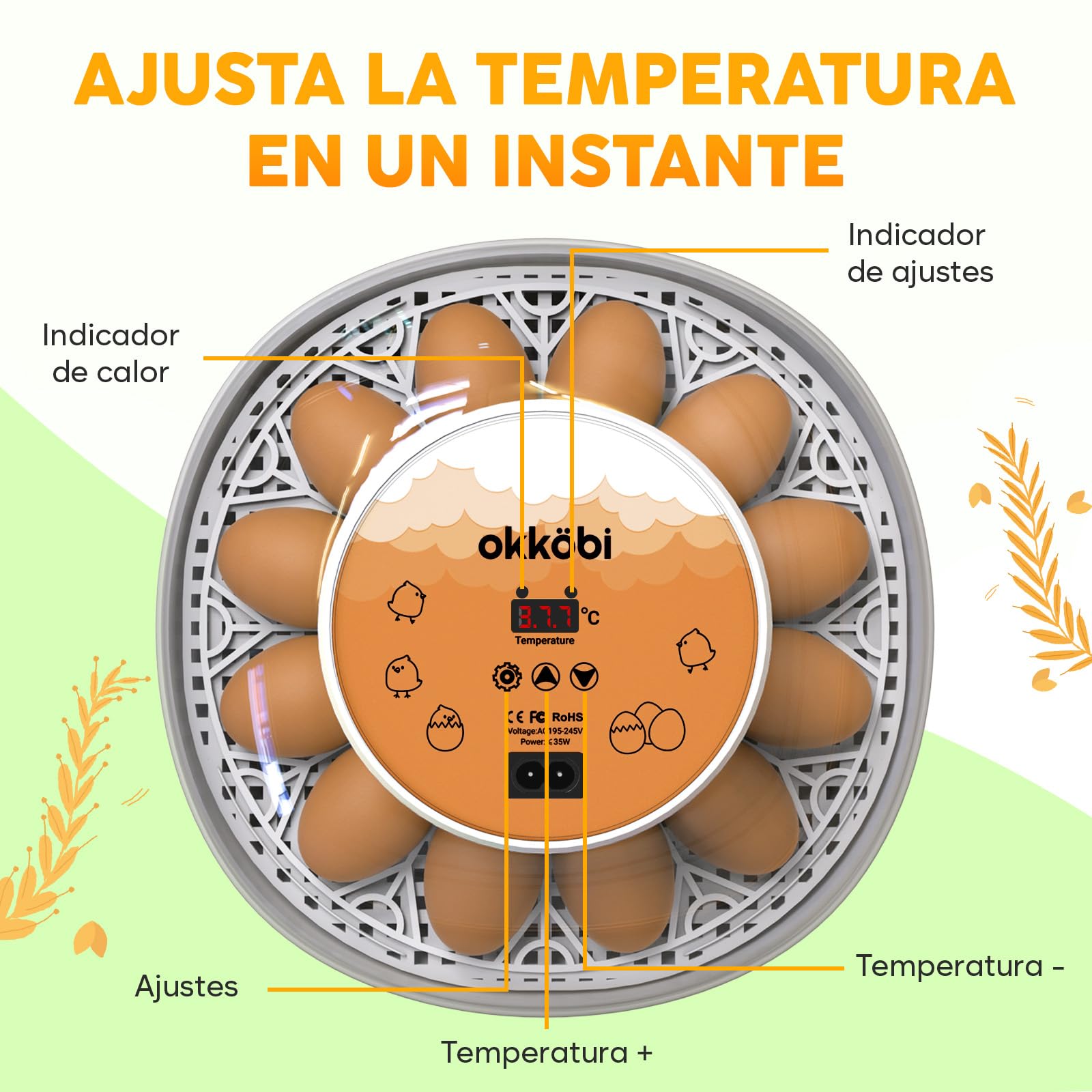 Okkobi M12 - Incubadora Huevos Gallina Automática - Volteo Automático y Control de Humedad - Chocadeira Ovos Automática - 12/24 huevos, Vista 360°, fácil de usar y limpiar - Blanco y naranja