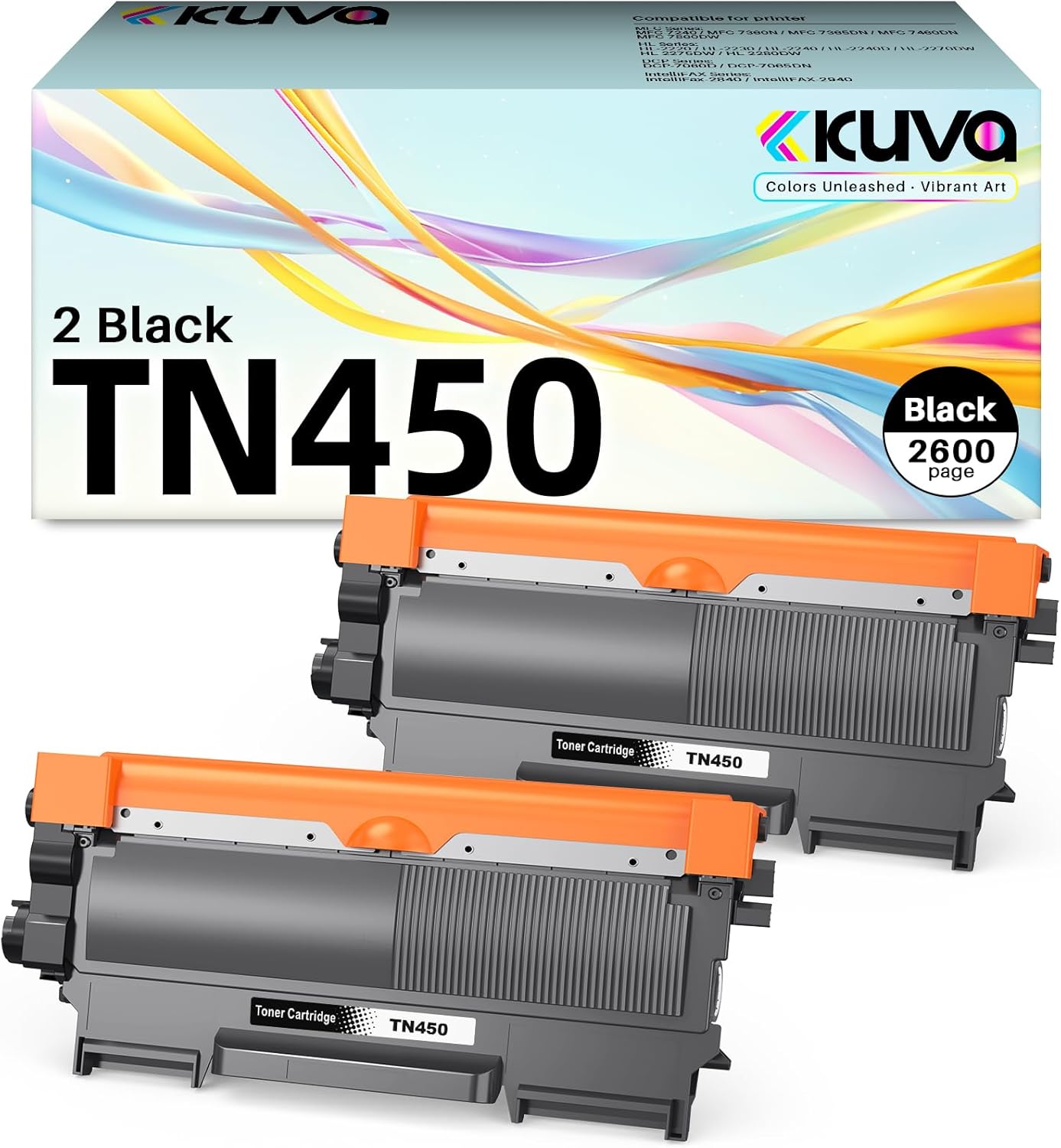Kuva TN450 Black Toner Cartridges Replacement for TN-450 TN420 to Compatible with HL-2270DW HL-2280DW HL-2230 MFC-7360N MFC-7860DW DCP-7065DN Intellifax 2840 2940 Printer(2 Black)