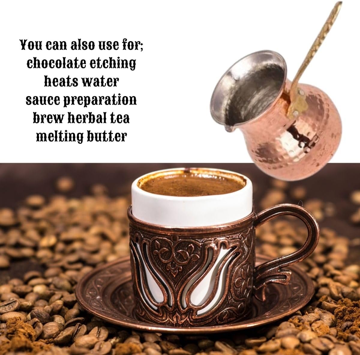 Turkish Coffee Pot, Greek Arabic Coffee Maker, Hammered Copper Coffee Cezve, Stove Top Coffee Maker with Brass Handle, Hammered Handmade Vintage Stovetop Handcrafted Jazva Briki Cezve, 3 Peaces Set