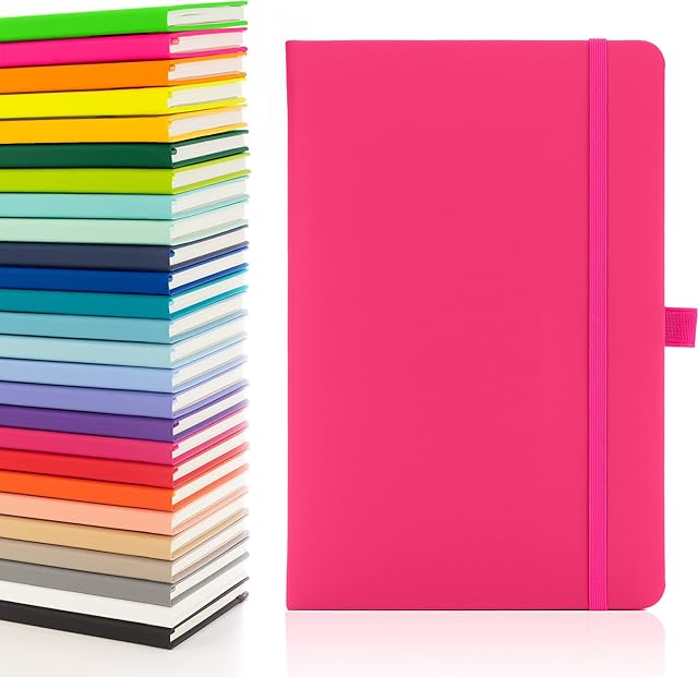 Notes London A5 Notebook with Lined Pages , Pen Loop and Expandable Paper Pocket Hardback Journal Notepad Note Book New Notes Diary Pad (Pink)