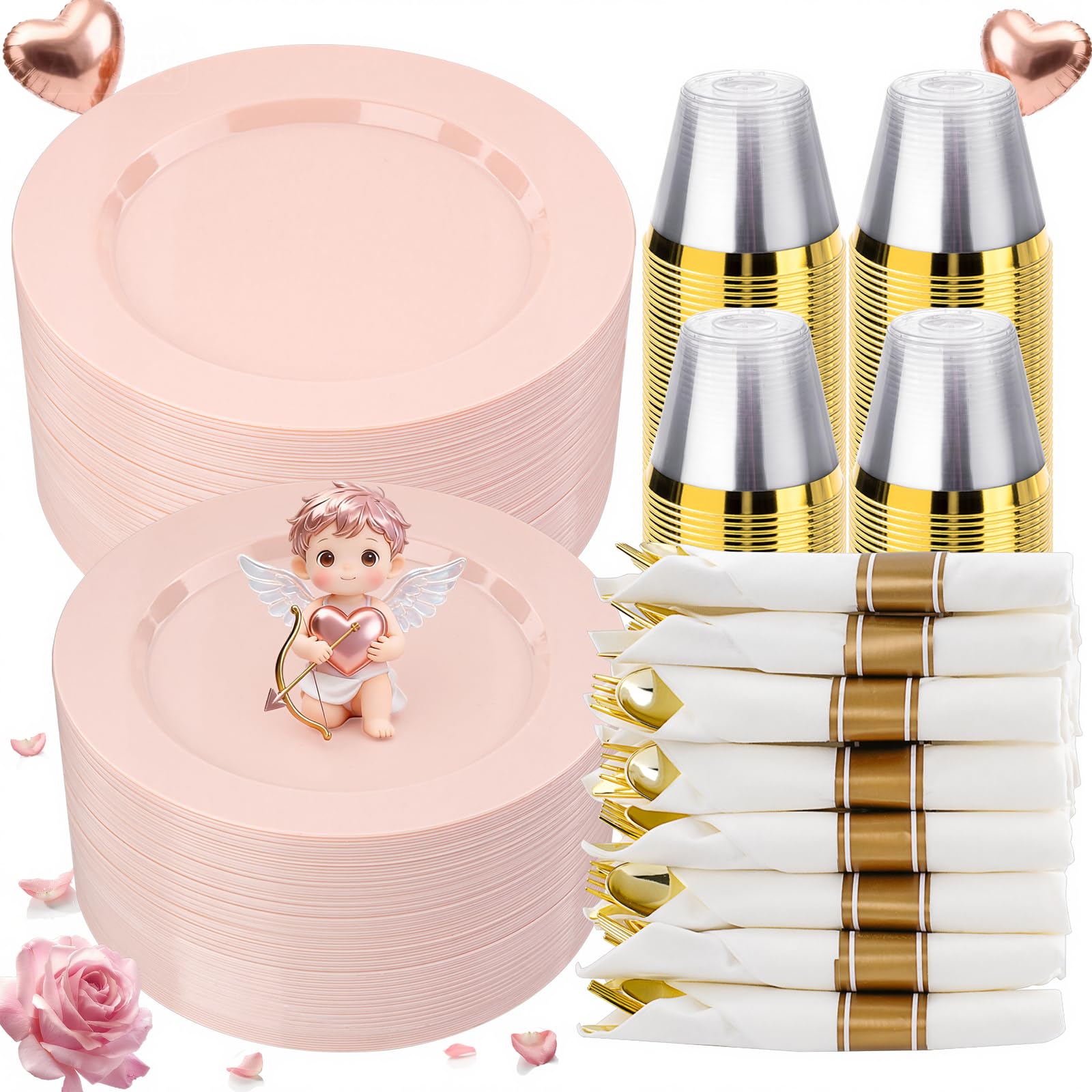 PCS Pink Plastic Dinnerware Set for Guests,Disposable Plates for Party,  with Gold Silverware,  for Wedding, Graduation