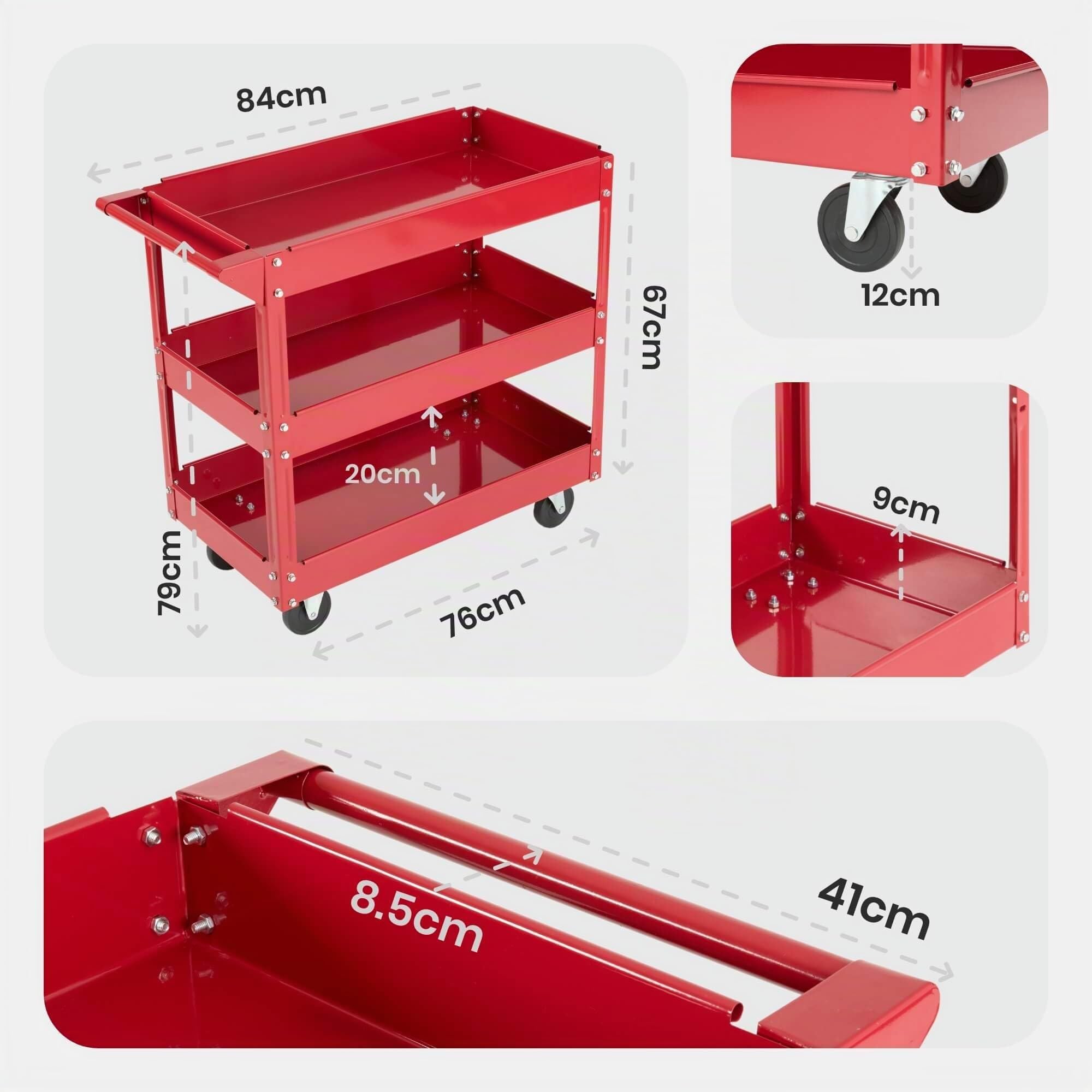 Arebos Lot de 2 Chariots d’Atelier avec 3 Étagères | Structure Robuste en Acier | Capacité Jusqu’à 120 kg | Chariot Mobile pour Atelier, Garage et Bricolage