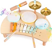 Rmischolar Kids Wooden Drum Set Montessori Musical Toys for Toddlers 1-5 with Xylophone Cymbals Drums - Educational Sensory Gift
