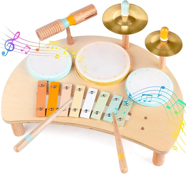 Kids Drum Set Montessori Musical Instruments for Toddlers 1-3, Wooden Baby Drum Kit with Xylophone, Preschool Music Toys