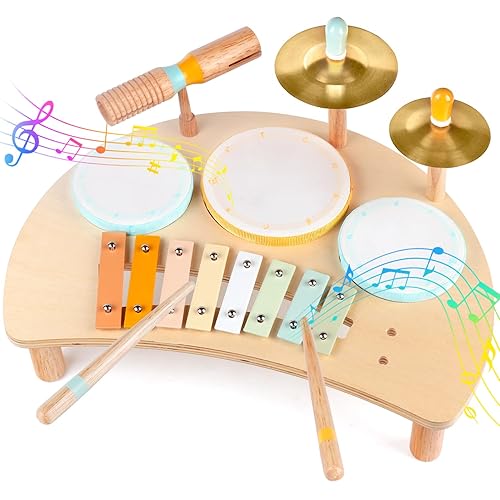 Kids Drum Set, Montessori Musical Instruments for Toddlers 1-3, Wooden Musical Toys for Baby 12-18 Months, Preschool Educational Xylophone Drum Kit, Birthday Gift for Boys Girls Ages 3+ - Drum Set