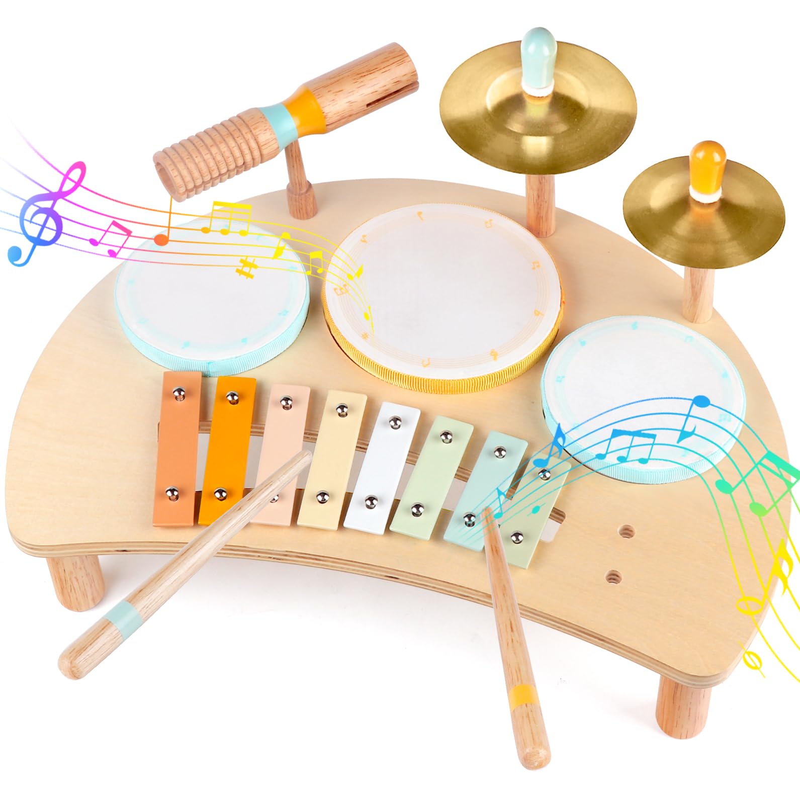 Kids Drum Set, Montessori Musical Instruments for Toddlers 1-3, Wooden Musical Toys for Babies, Preschool Educational Baby Drum Kit with Xylophone, Birthday Gift for Boys Girls