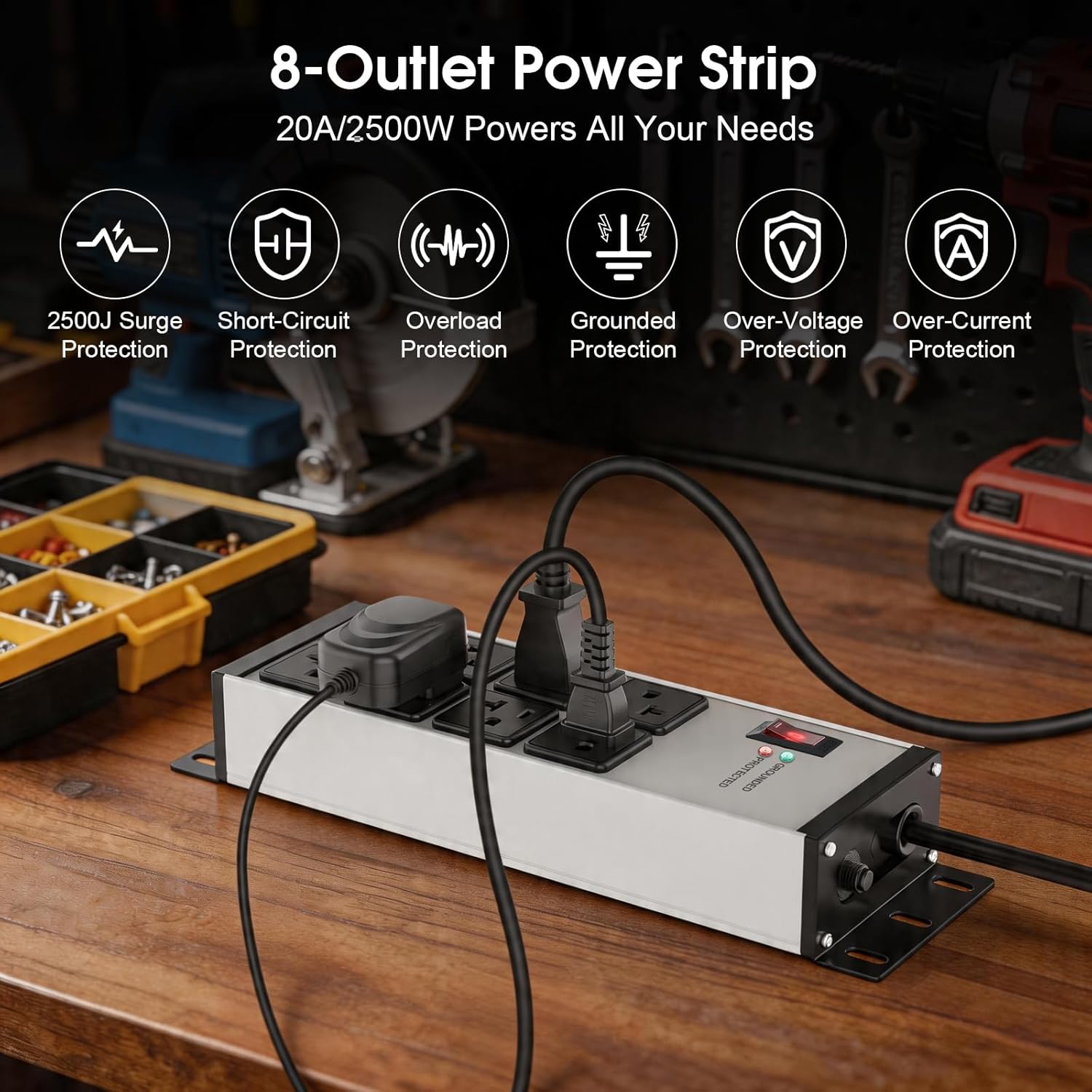 20A Heavy Duty Surge Protector Power Strip 2500J, 8 T-Slot Outlets 2500W 125V, 12 Gauge Extension Cord 6FT, NEMA 5-20P Plug, Metal Industrial Power Strip for Garage Workshop Commercial Kitchen