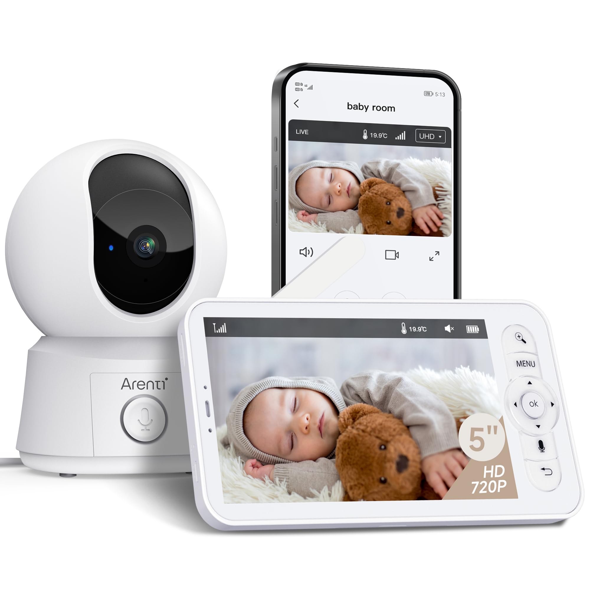 ARENTI 1080P Baby Monitor Video e Audio con 5'' LCD,360° PTZ Telecamera Bambini con Monitor,3350mAh Monitor Baby,Visione Notturna, Modalità VOX, Rilevamento della Temperatura,Interfono Bidirezionale