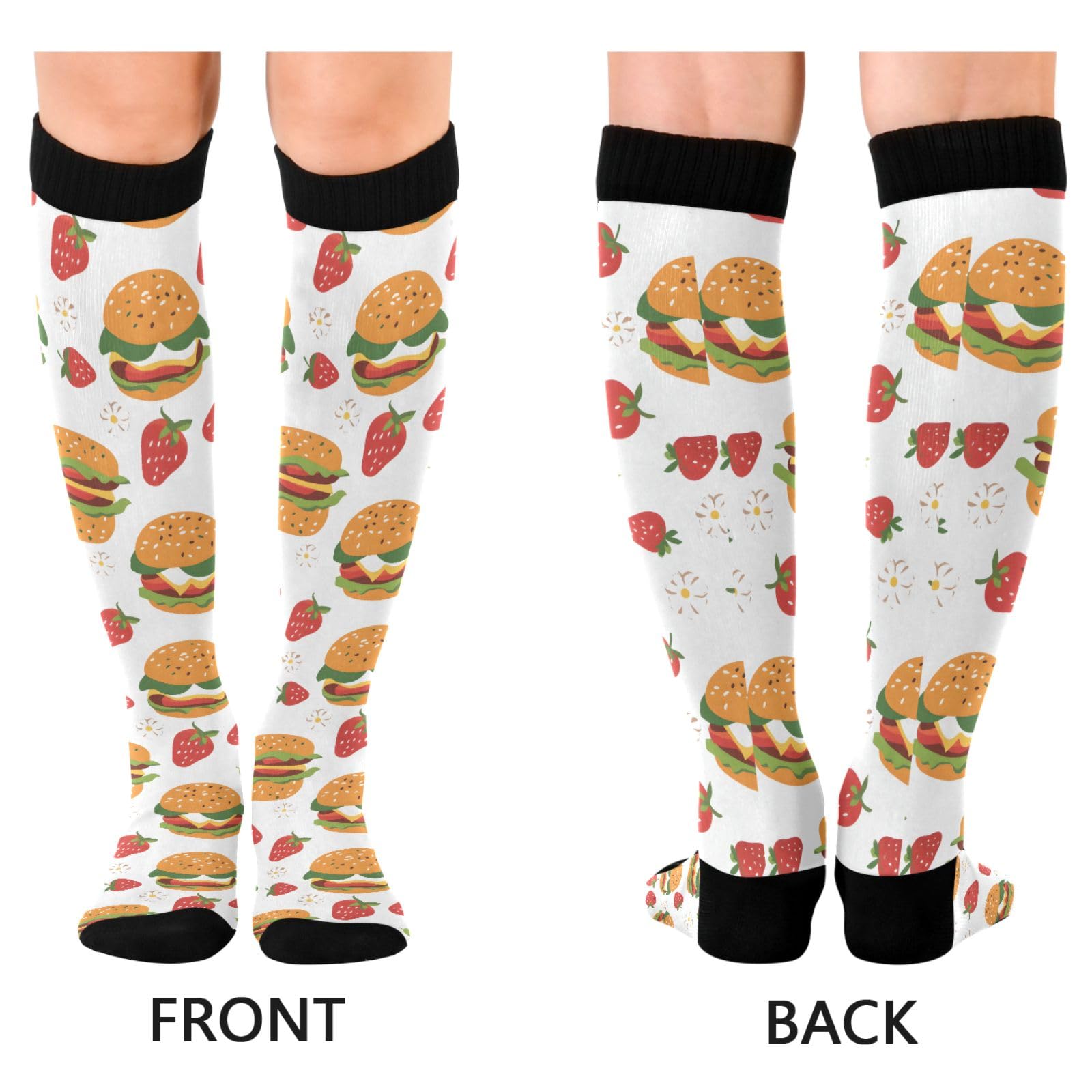 ALAZA Athletic Compression Socks Knee High Socks Stockings for Women Hamburger Strawberry Running Circulation Sport Football