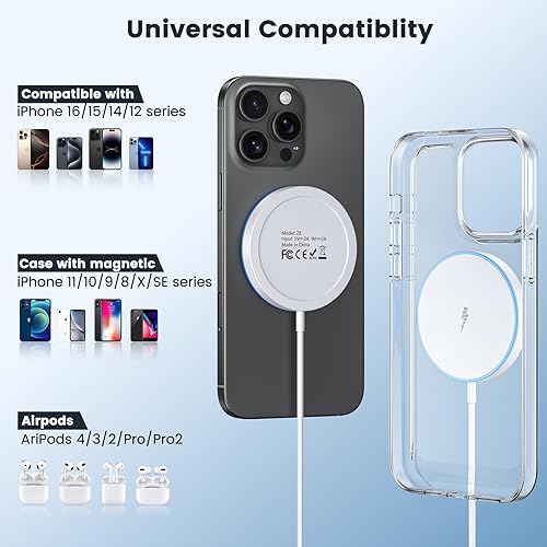 Miniatura 5 de Cargador inalámbrico magnético de 15 W, paquete de 2 cargadores rápidos para iPhone 17 Pro Max17 Pro16 Air171615141312 Series para AirPods Series