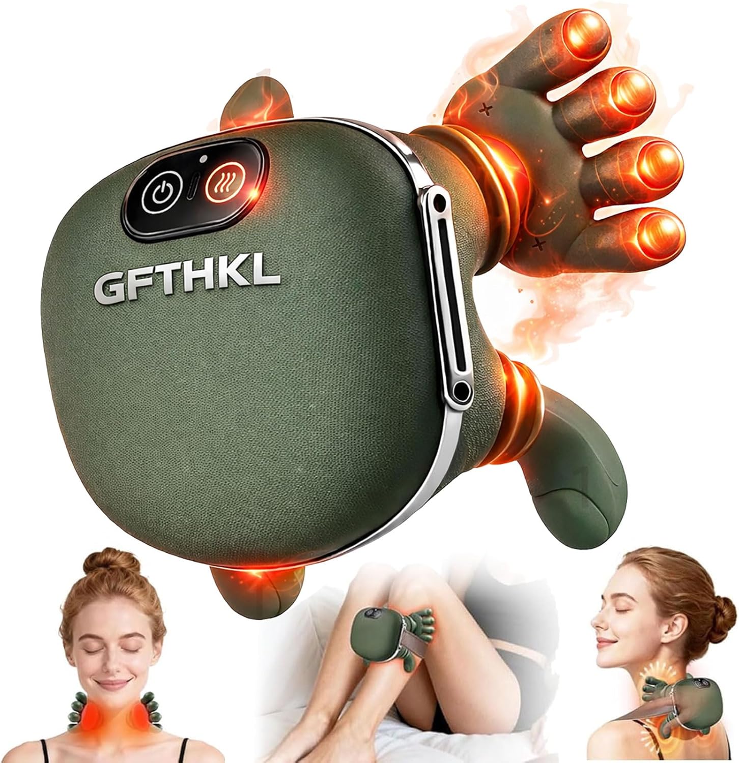 Neck Massager with Fingers, Shiatsu Deep Tissue Relief with Heat, Ergonomic 4D Shiatsu Massager with Adjustment 3-Speed Massage Modes for Pain Relief and Muscle Relax (Green)