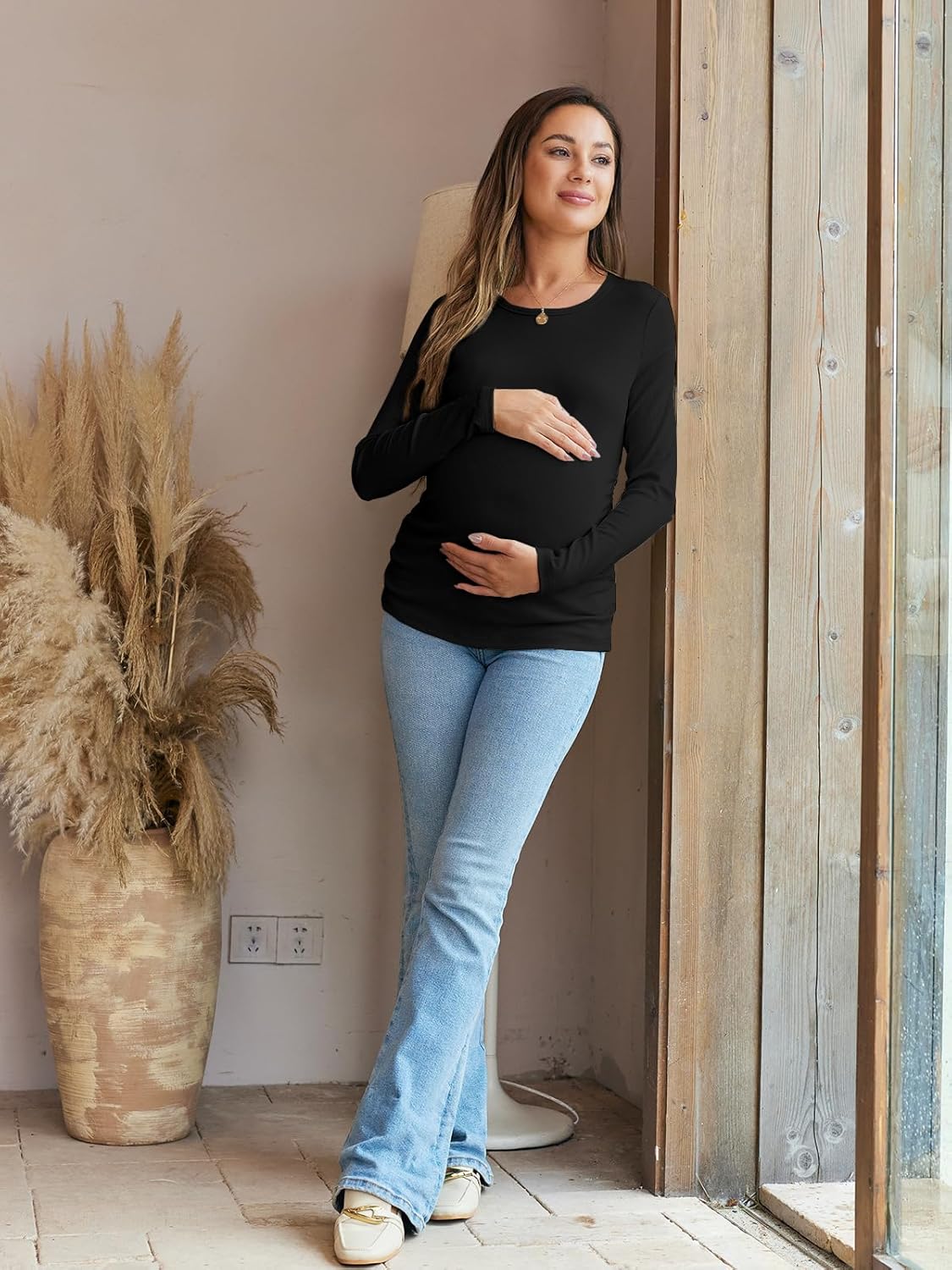 Women's Maternity Fall Tops Long Sleeve Crew Neck Ribbed Knit Slim Fitted Blouse Side Ruched Pregnancy Shirts - Image 6