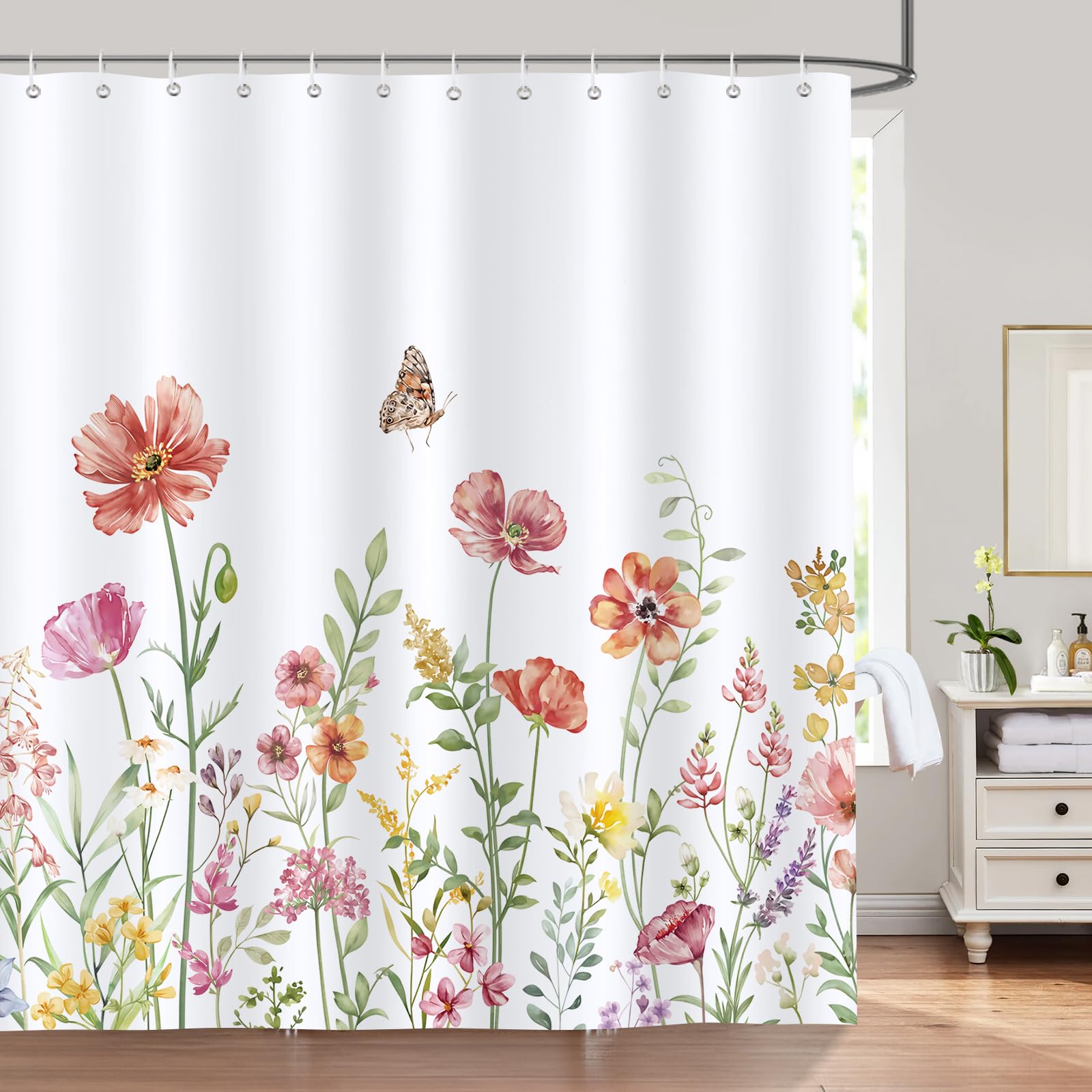 Bonhause Cortina de Ducha Primavera Flores Rojas Acuarela Mariposa Cortina de Baño de Poliéster Impermeable Antimoho Lavable Cortina Ducha 180 x 180 cm con 12 Ganchos