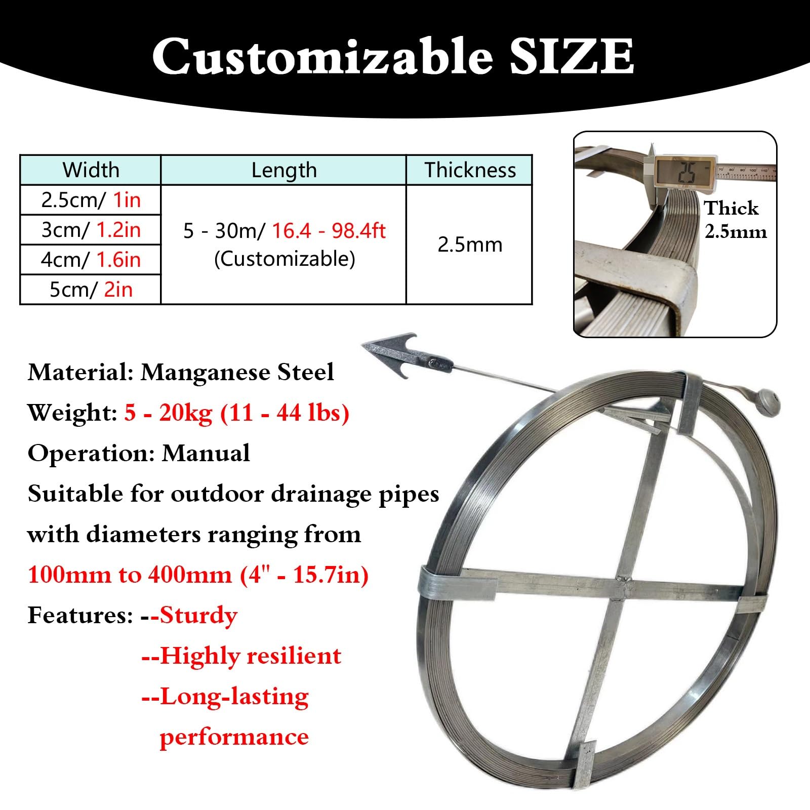 Heavy Du Drain Aur - Strumento di rimozione degli intasamenti per impianti idraulici esterni, pulitore manuale per tubi con impugnatura regolabile (diametro 2,5 cm, lunghezza 23 m)