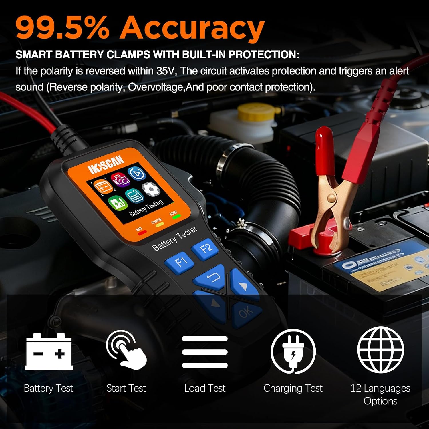 IKOSCAN K1S Automotive Battery Tester 12V 24V Battery Tester for Cars Trucks RVs Motorcycle ATV SUV Boats Yacht 100-2000 CCA Cranking Charging System Analyzer with 1.77 Color LCD