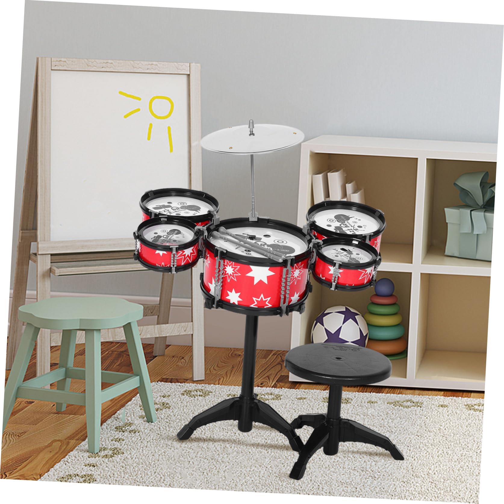 Juego de Minibatería Infantil de Plástico Rojo Diseño Realista y Seguro para Bebés, Juguete Musical Educativo para Niños Pequeños y Bebés