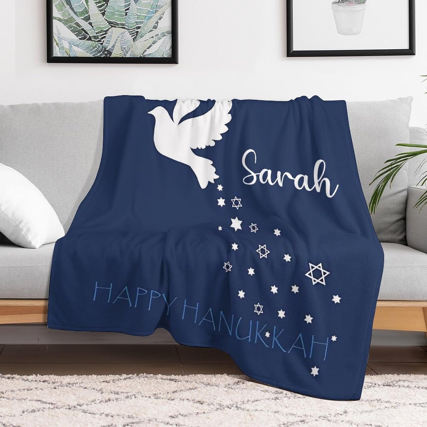 Personalized Dark Blue Star Hanukkah Blankets, Custom Name Swaddle Blankets, Pet Blankets, Unisex Sofa and Car Blankets for Adults, Youth, Friends, 50x60 in