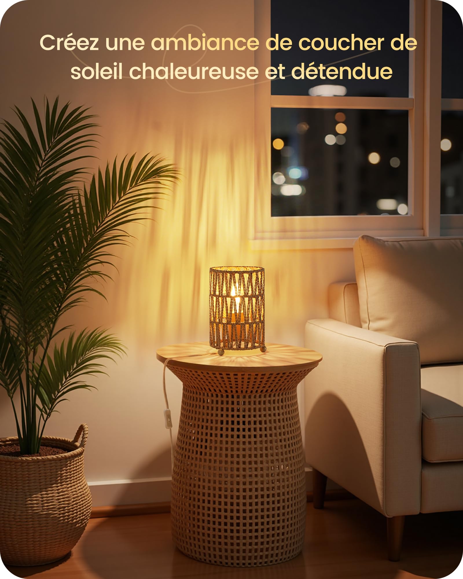 Lot de 2 lampes de chevet boheme rotin, pour chambre | ampoule LED 4W 2400K Incluse, abat-jour en papier rotin avec fils, lampe de table pour salon, bureau