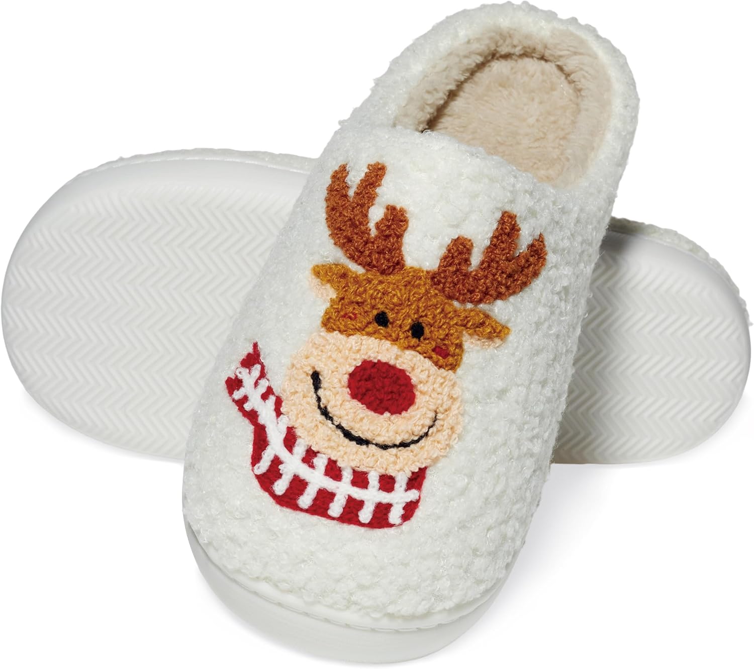 PepStep Cozy House Slippers for Women, White Plush with Reindeer Design, Fleece Lined, Indoor Winter Comfort