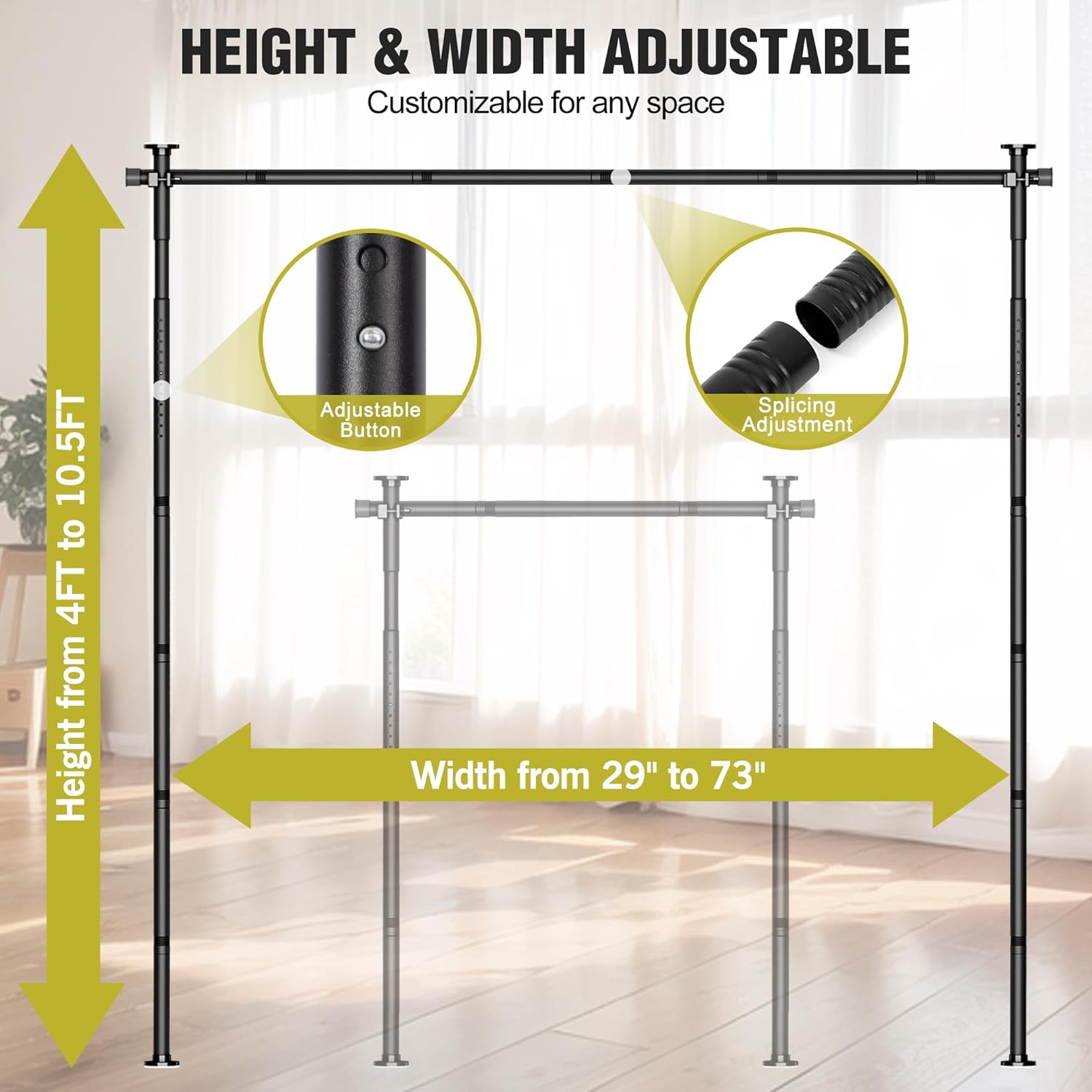 Room Divider, No Drilling Curtain Rod for Room Separation, 4-10ft(H) 29-73"(W) Adjustable Wall Divider, Heavy Duty Floor to Ceiling Tension Rod Space Partition Privacy Separator for Dorm Office, Black